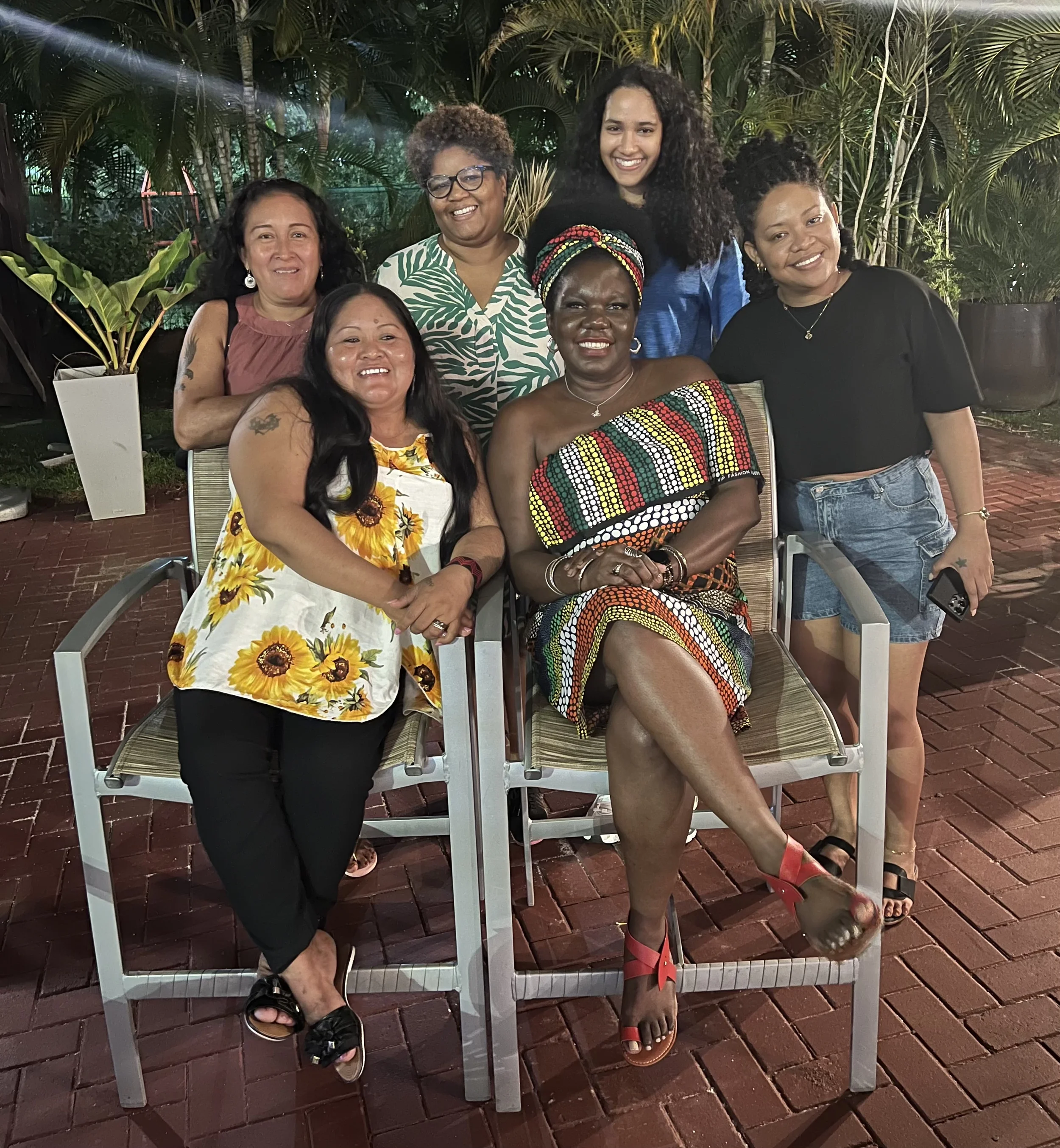 Intersect's resident artist, Lucia Murray (LEM), with fellow attendees, including Immaculata Casimero (The Wapichan Wiizi Women's Movement), Caroline Jacobs (The Makushi Research Unit), Tammy Edwards (GuyBow), Joy Marcus (Red Thread), and a member of