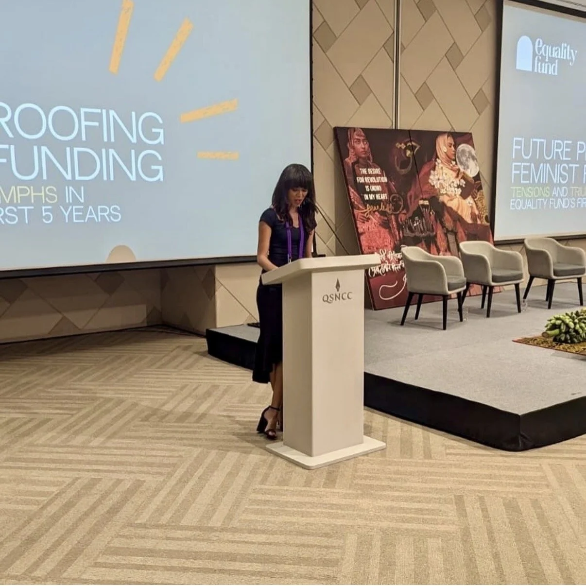 Sarah-Anne Gresham, co-founder of Intersect and former board director at the Equality Fund, as the host of "Future Proofing Feminist Funding" convened by The Equality Fund at the 2024 AWID Forum in Bangkok, Thailand.