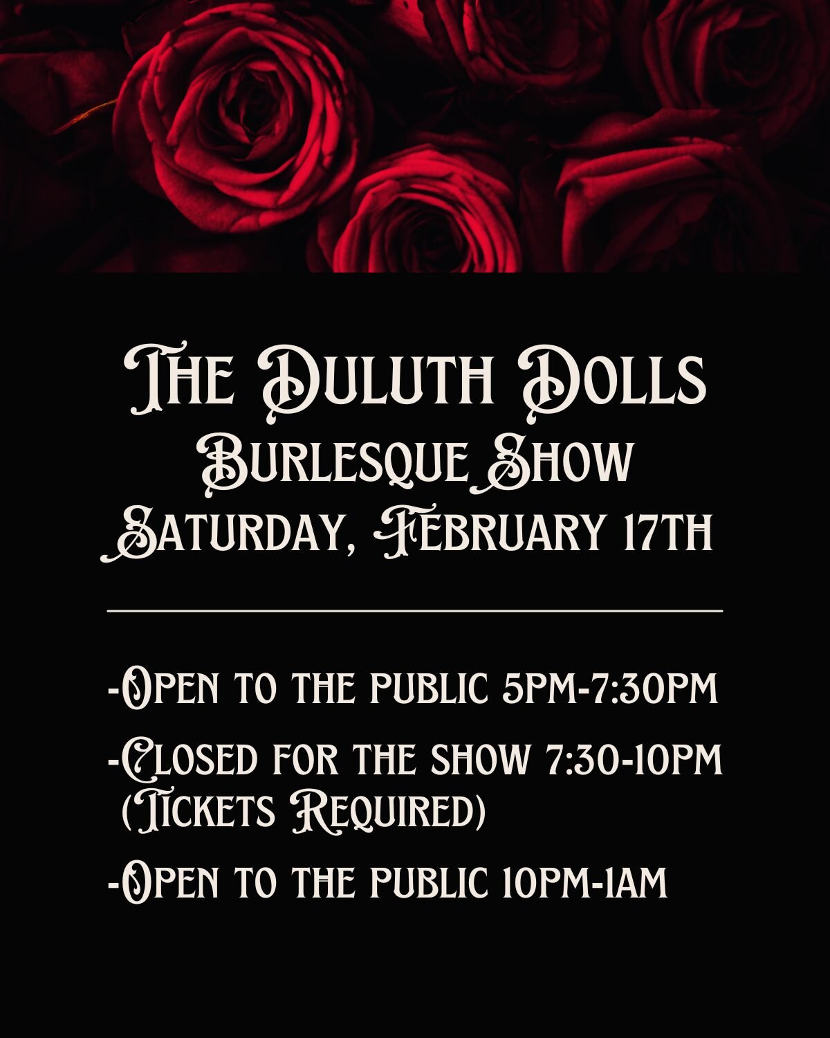 🎉🌟 TONIGHT'S THE NIGHT! 🌟🎉

Get ready to be dazzled and delighted because the Duluth Dolls are bringing their sizzling burlesque show to The Rathskeller speakeasy! 💃✨ Join us for an evening of Love &amp; Lust as the Dolls take the stage at 8pm s