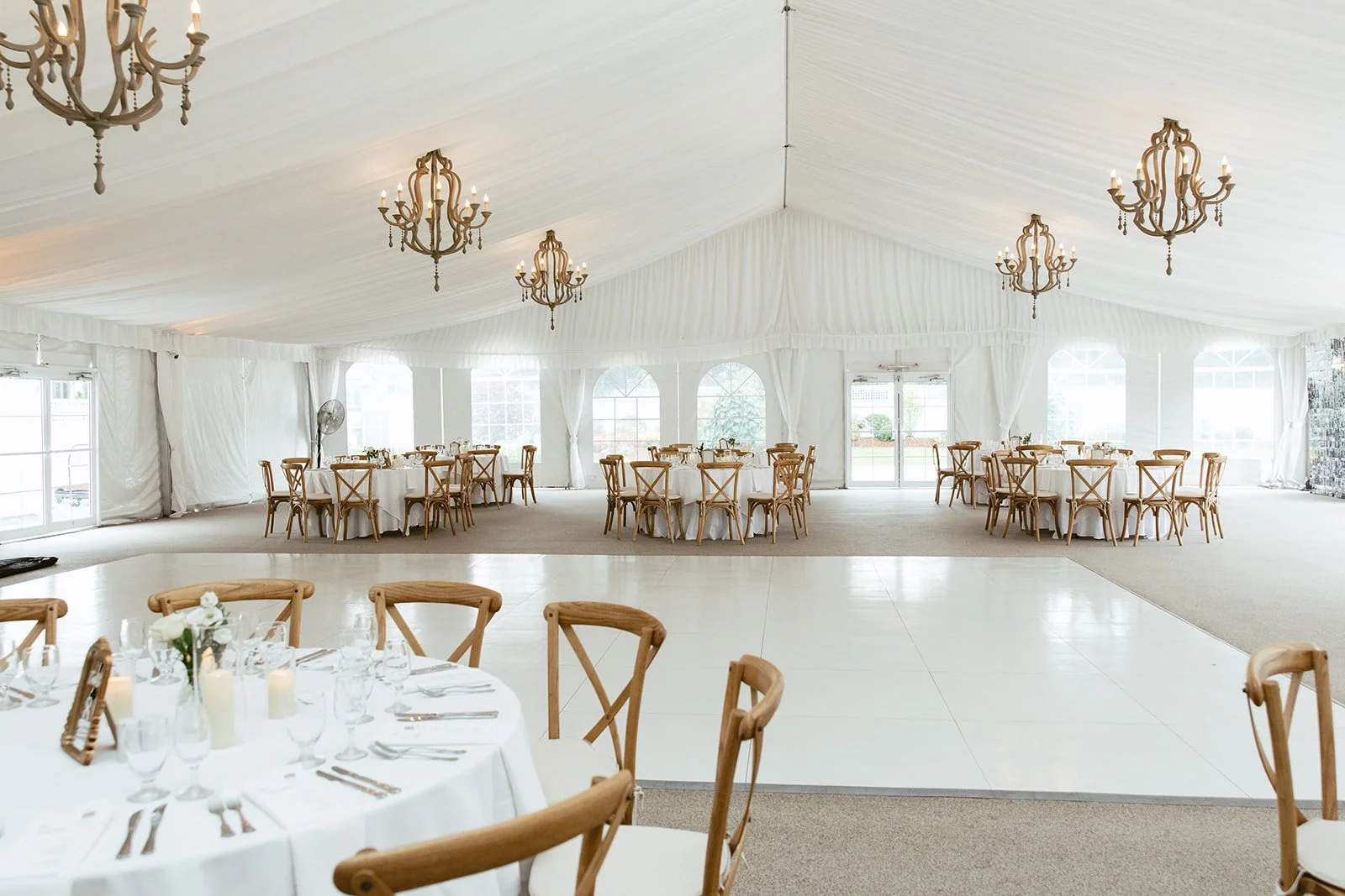 Inside the all white tented reception space at the Villa