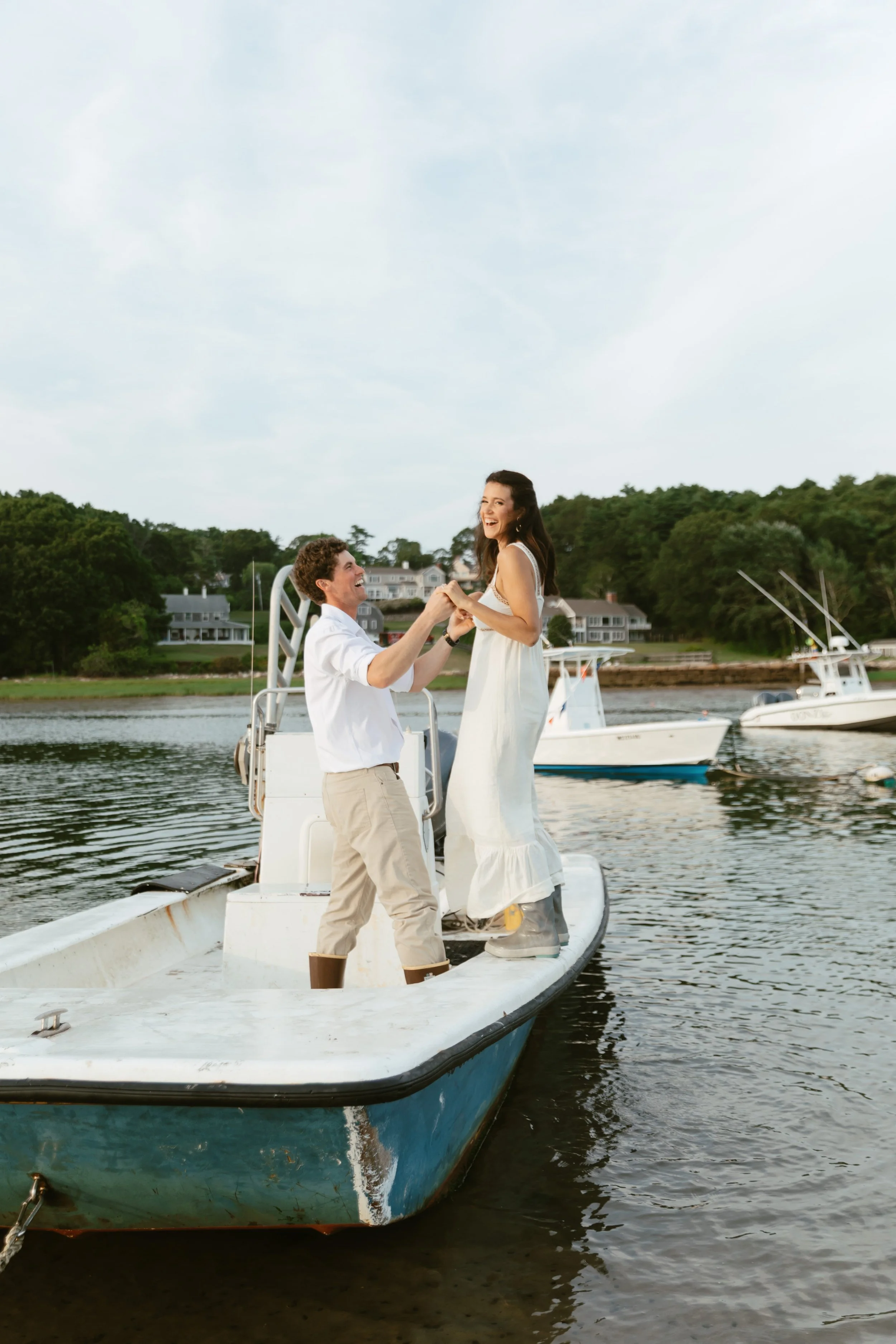Couple on a boat in Massachusetts Oyster Farm