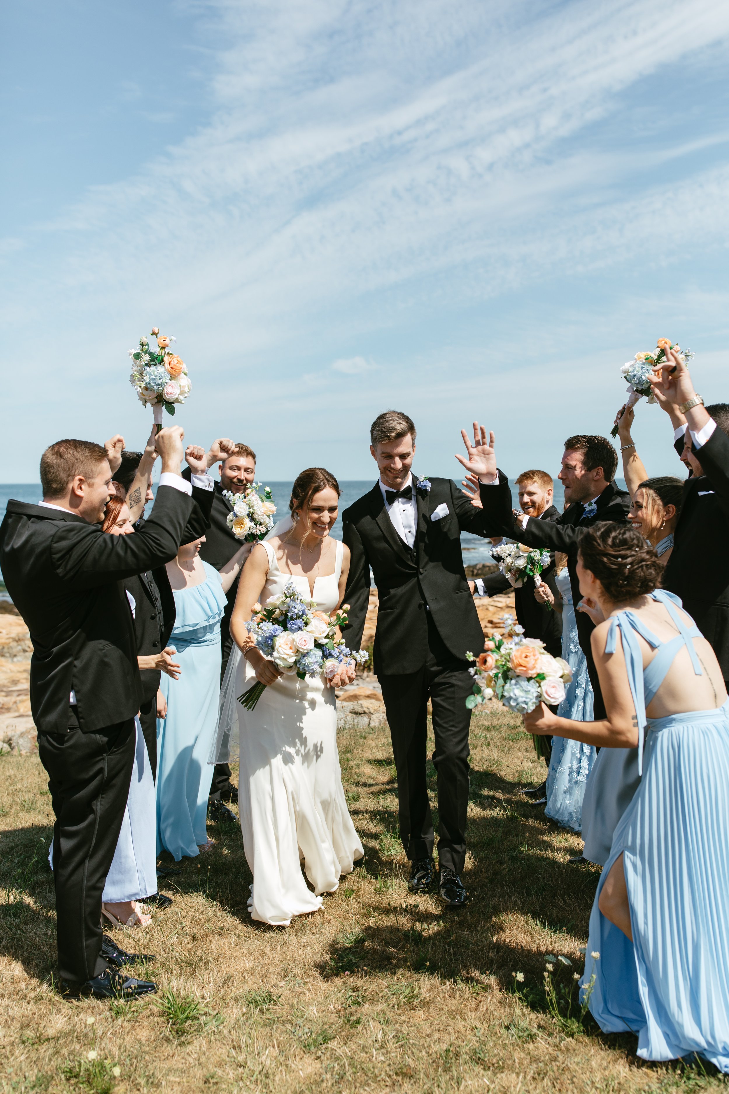 Coastal Massachusetts bride and groom with wedding party