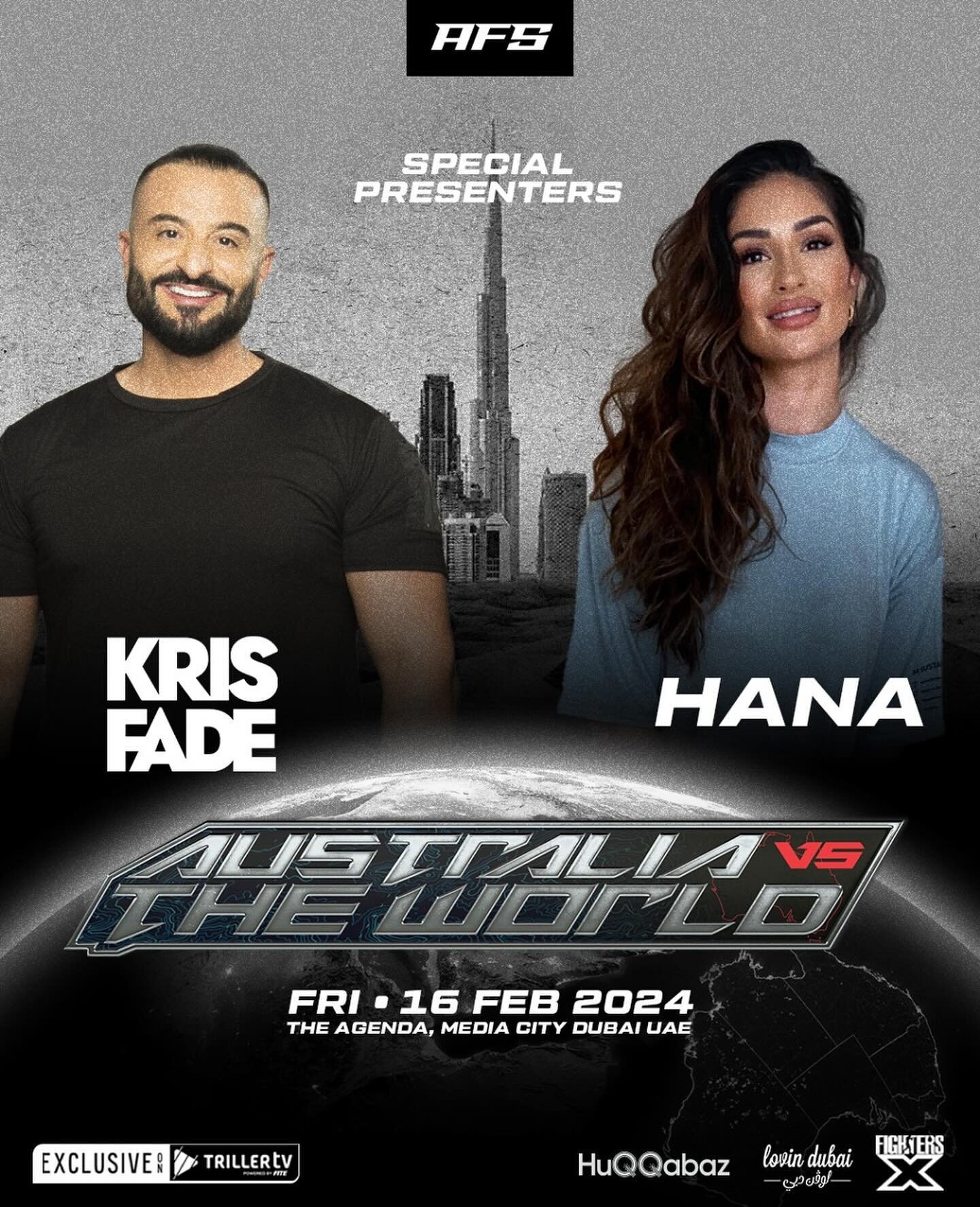 Good luck to our @itsalwayshana this evening, presenting at the @alphafightseries alongside @krisfade at @agendadubai for Australia Vs The World! 👏🏼👏🏼

🎤 Artist performances from @liltjay &amp; @mhuncho 

For any enquiries regarding Hana, please