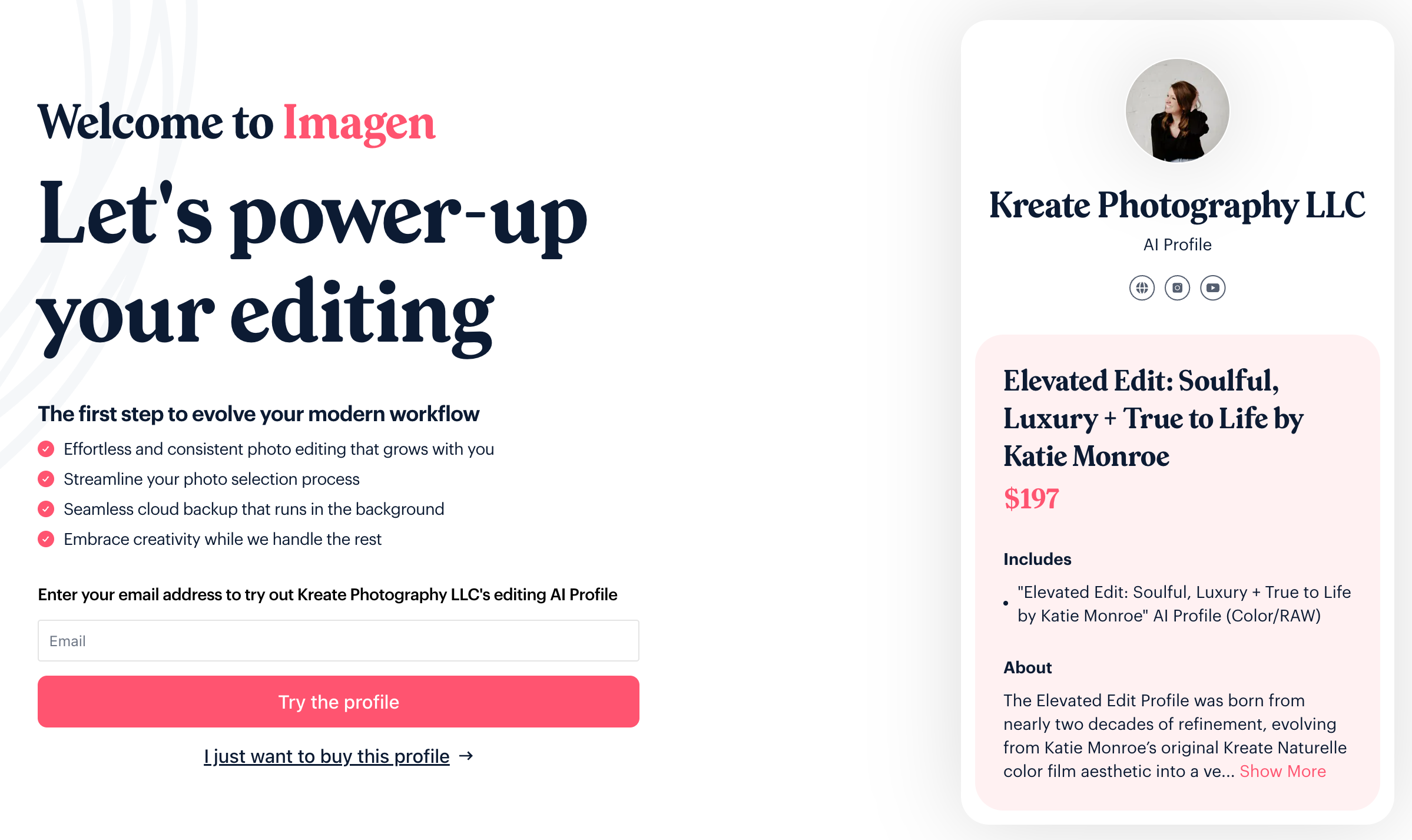 Web page for Kreate Photography LLC featuring a promotional offer for photo editing AI profile called Elevated Edit: Soulful, Luxury + True to Life by Katie Monroe, priced at $197, with a summary of its features and a sign-up form.