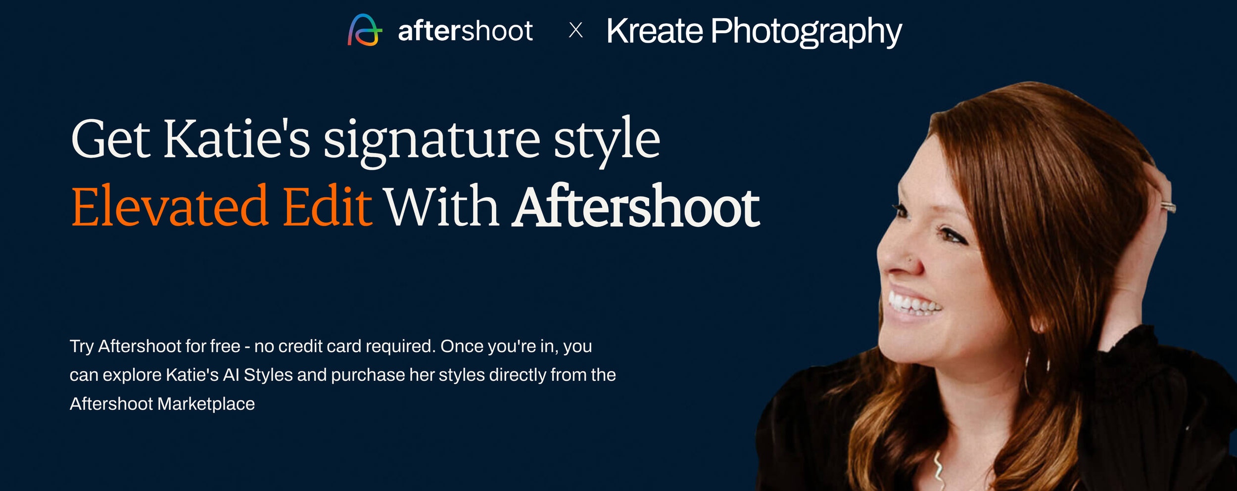 A woman with long reddish-brown hair smiling, with her right hand behind her head, against a dark blue background promoting Aftershoot and Kreates Photography collaboration for editing photos.
