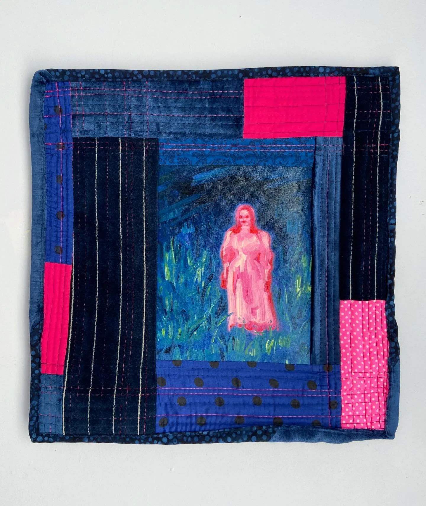 Shocking Pink, 2026
14.5 x 15 inches
Oil on canvas and second-hand fabrics
