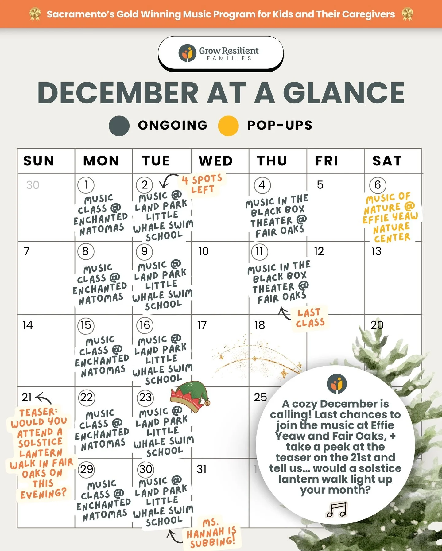 A cozy December is calling, and we&rsquo;re wrapping the year with moments that bring families together. 🌿🎶

From nature days to indoor musical mornings, here&rsquo;s everything you can pencil in this month.

Weekly Classes:  🎵 Mondays &ndash; Enc