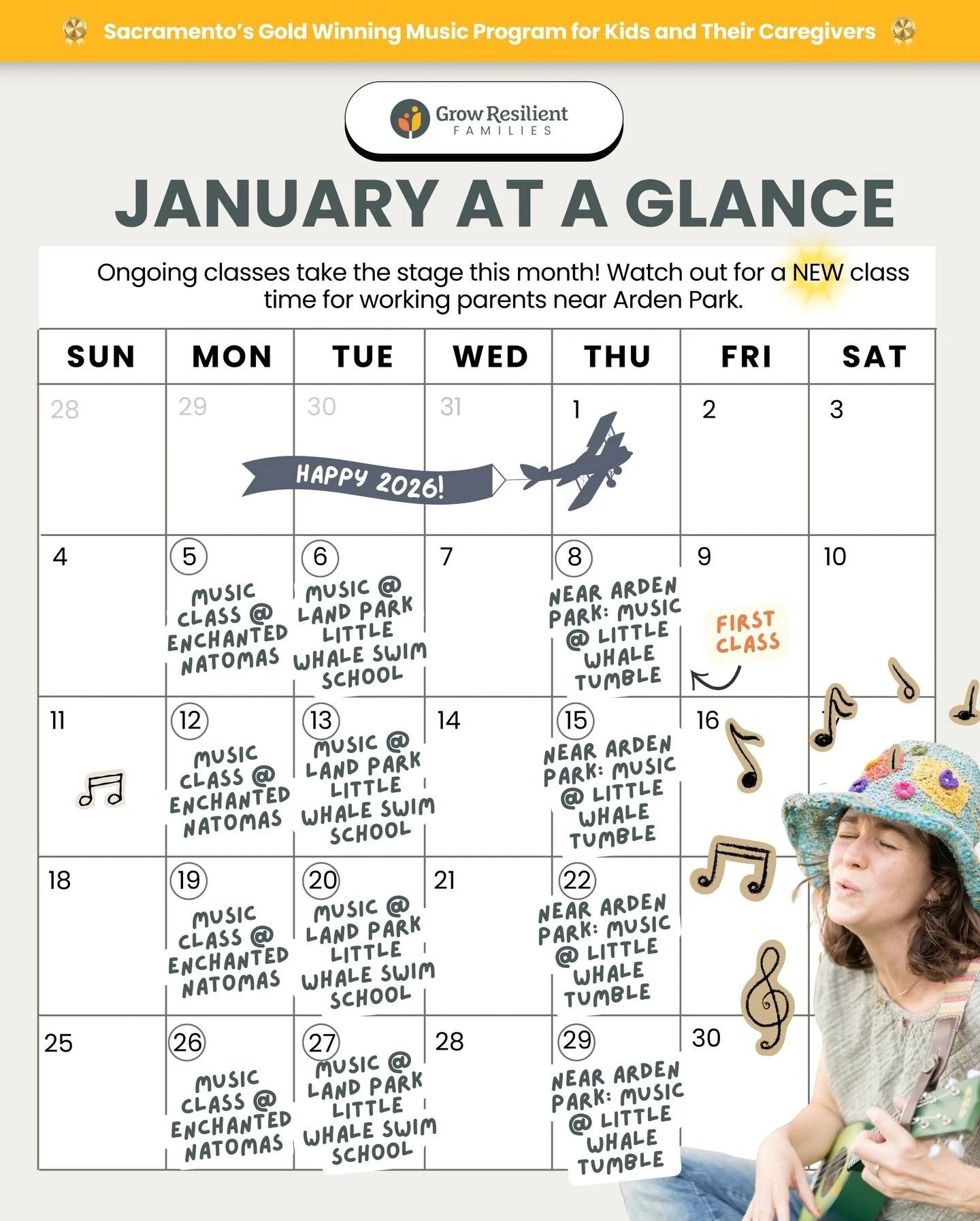 Let&rsquo;s begin 2026 in tune with music and meaningful connection through our ongoing classes for you and your little one. 👶

Keep an eye out for a new evening near Arden Park class beginning with Ms. Jillian, tomorrow 1/8. 🗓️

Weekly Classes:  ?