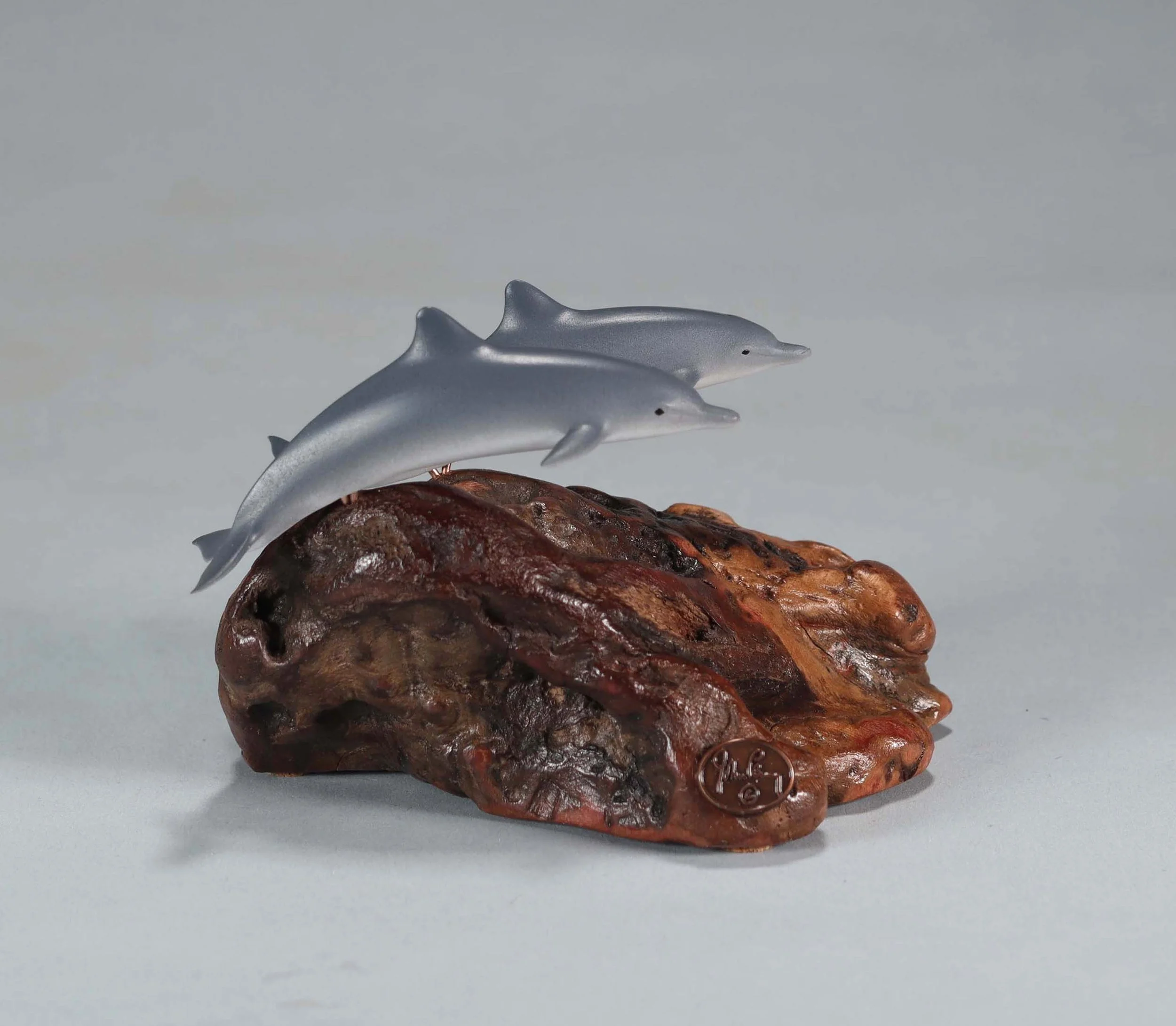 Dolphin Duo Sculpture 4in long Airbrushed on Polished Burlwood Base.
