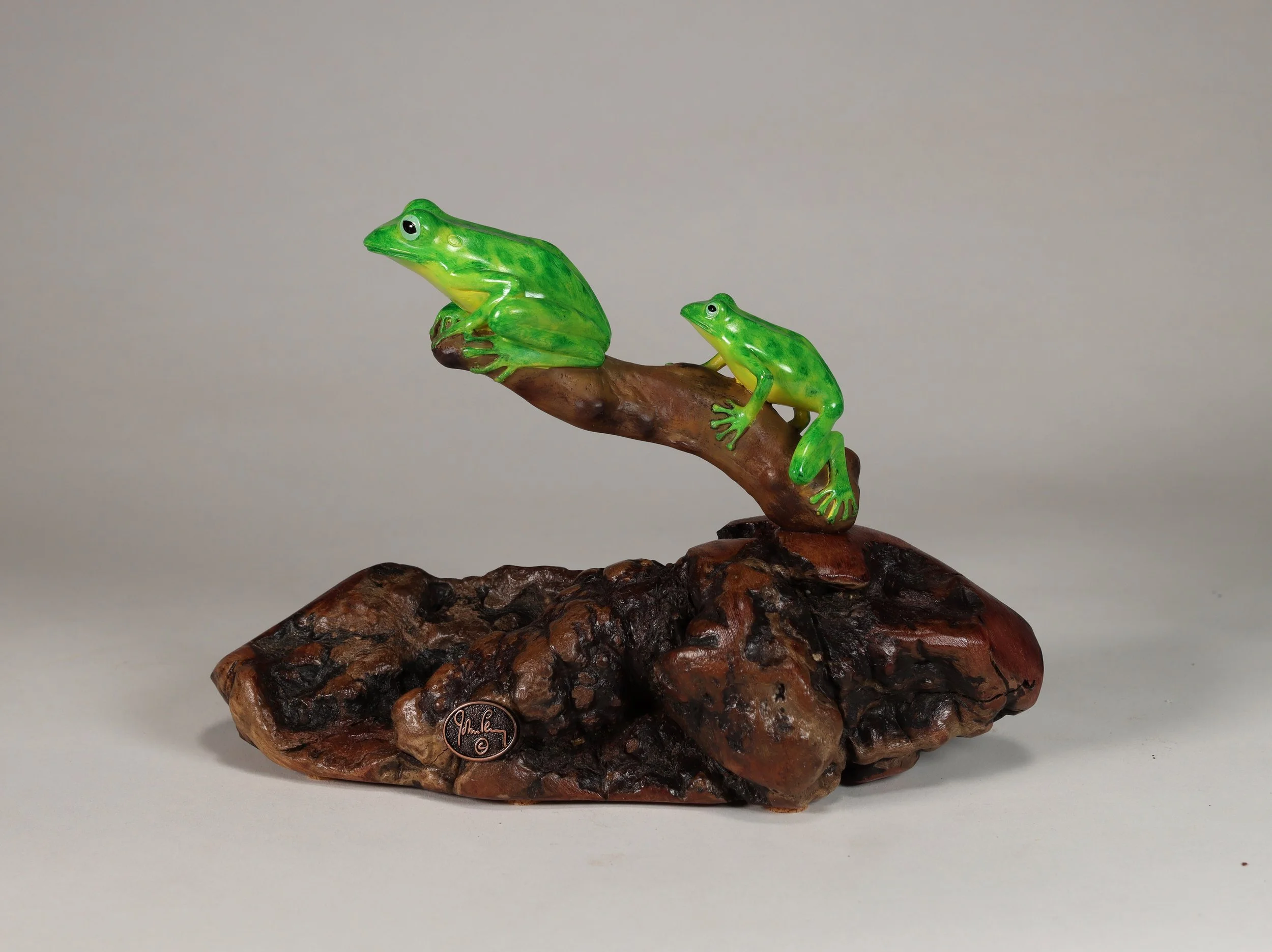 Green Frog Duo Sculpture Airbrushed 6in Long on Burlwood