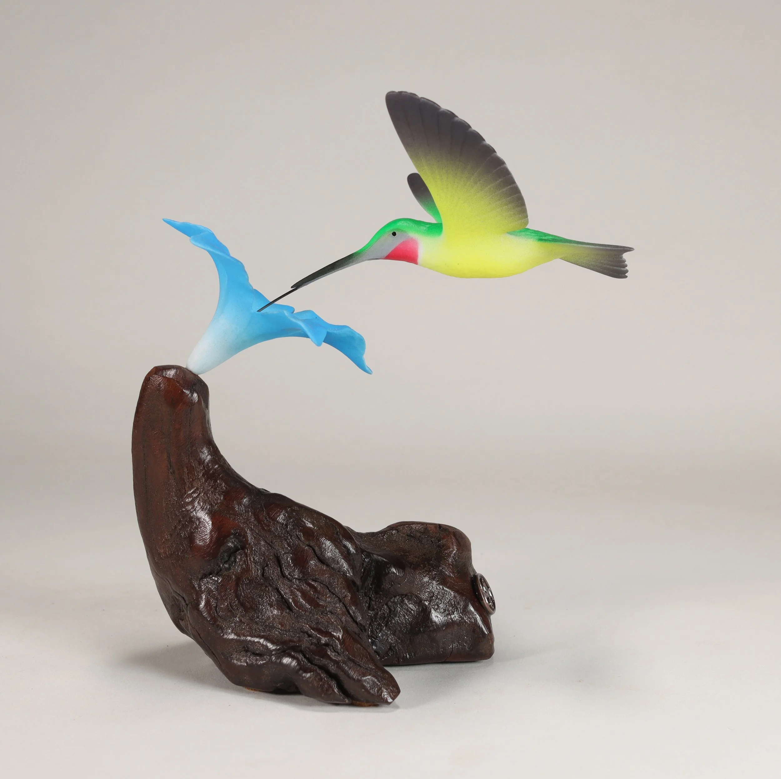 Hummingbird Sculpture Figurine Statue by John Perry 8 inch tall Blue Flower Burlwood base