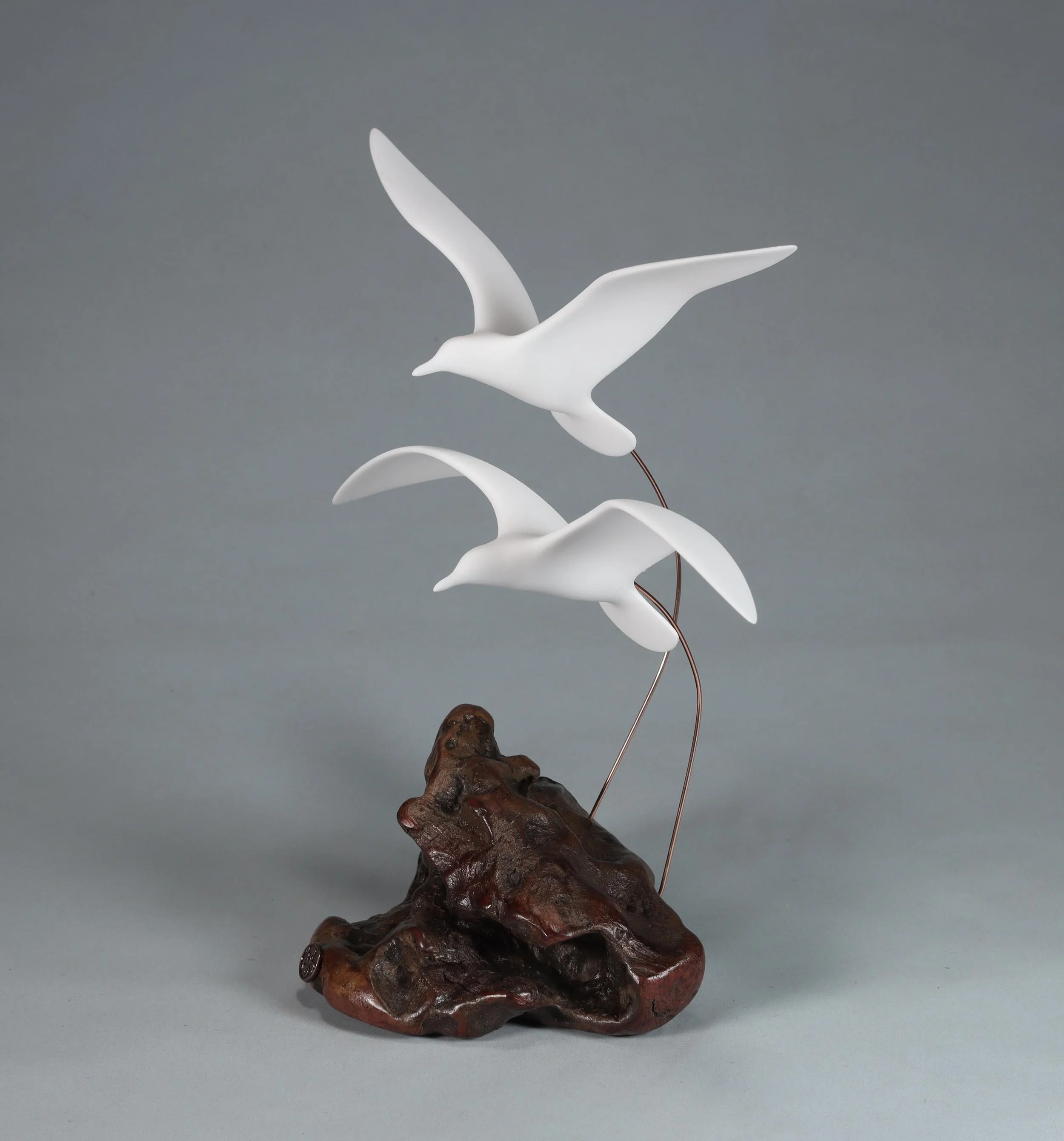 Seagull Duo Sculpture by John Perry DUO 9in wingspan on burlwood base