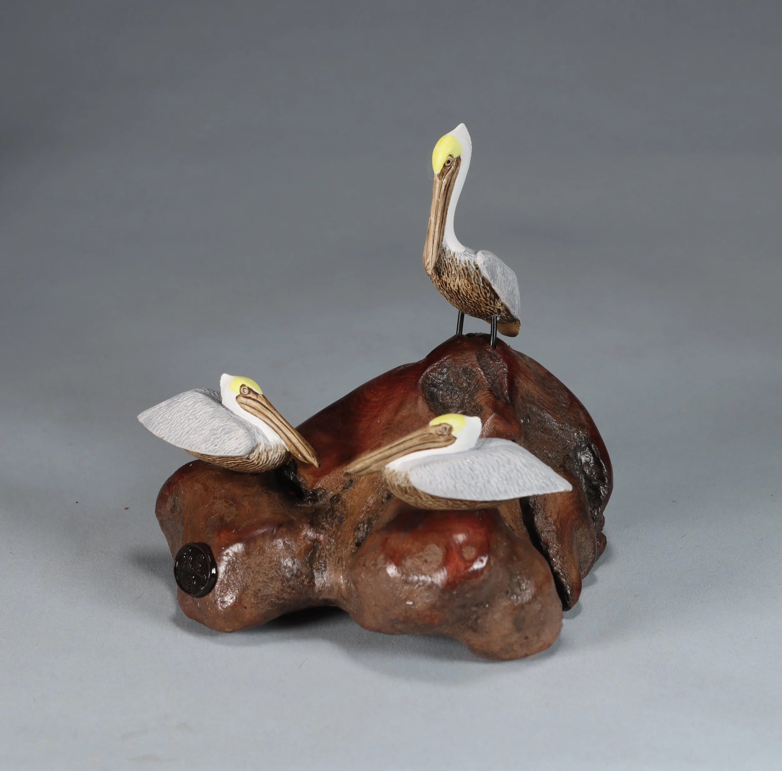 Brown Pelican Trio Sculpture (2 Roosting and 1 Standing) Hand Painted 6in Long on Burlwood