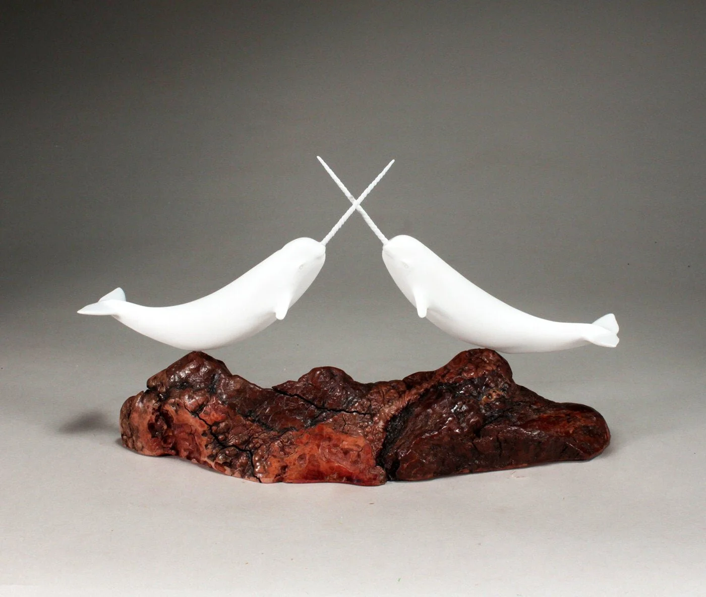 Narwhal Duo Sculpture 14in Long Pellucida on Burlwood — JOHN PERRY