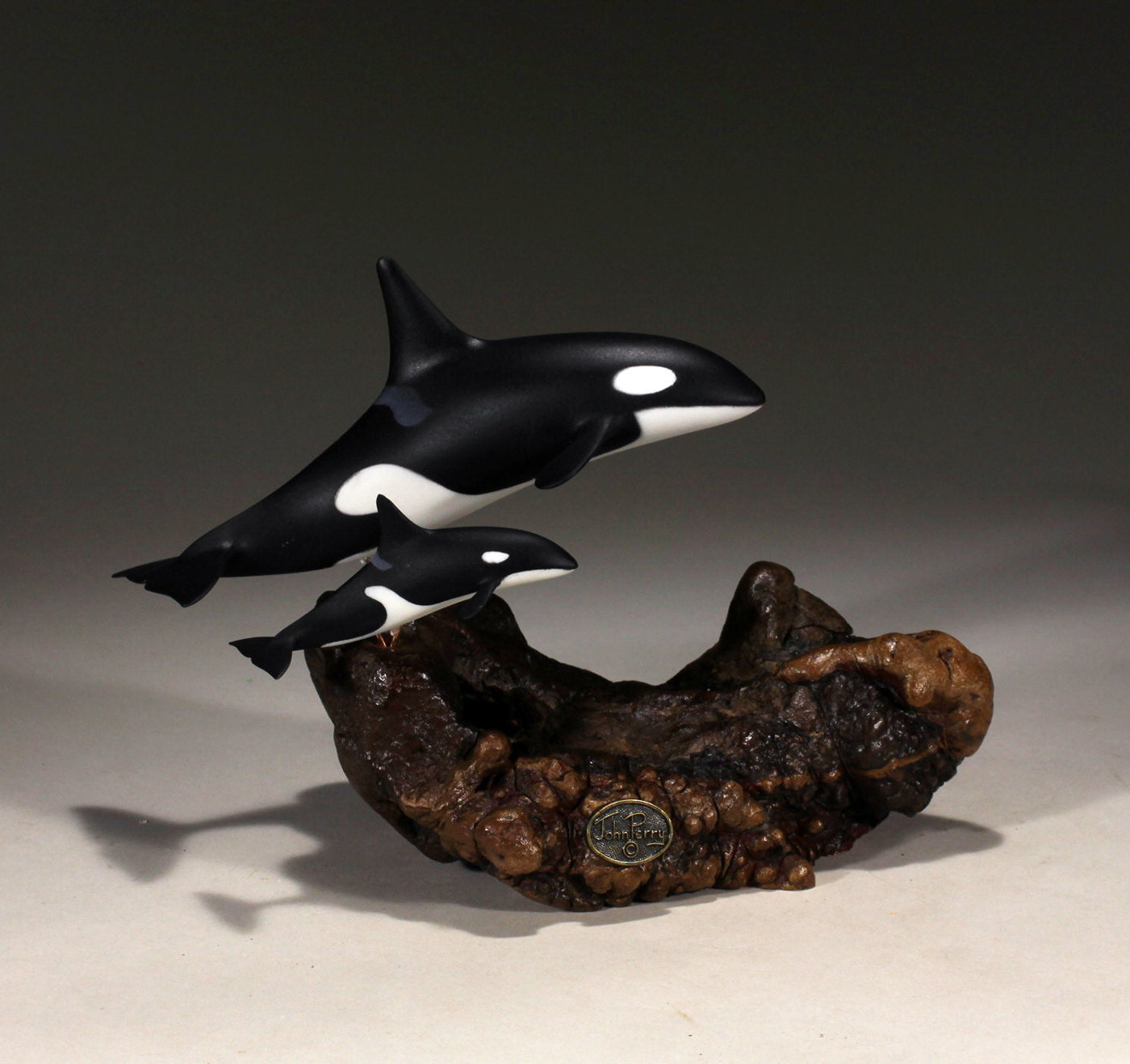 Orca Killer Whale Duo by John Perry 5in long Smaller version Sculpture 