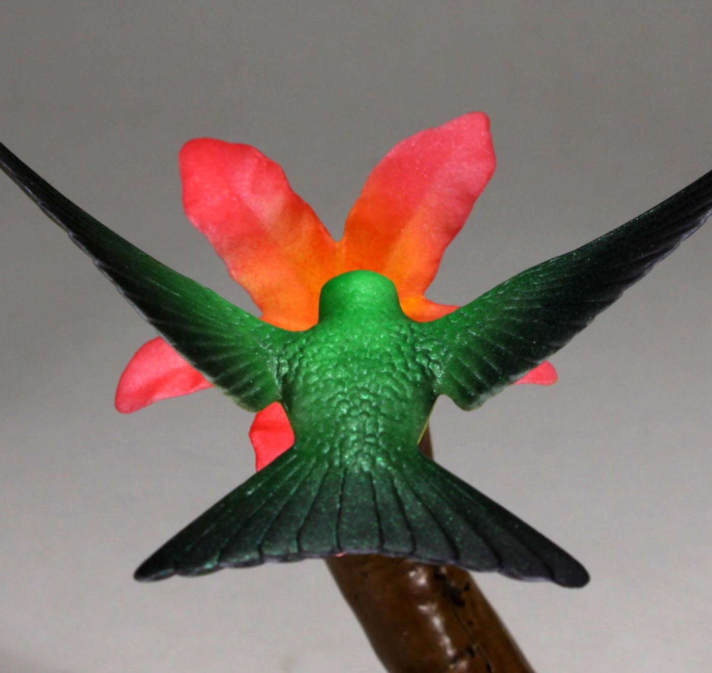 Hummingbird Sculpture (Red Flower) 7in tall on Burlwood — JOHN