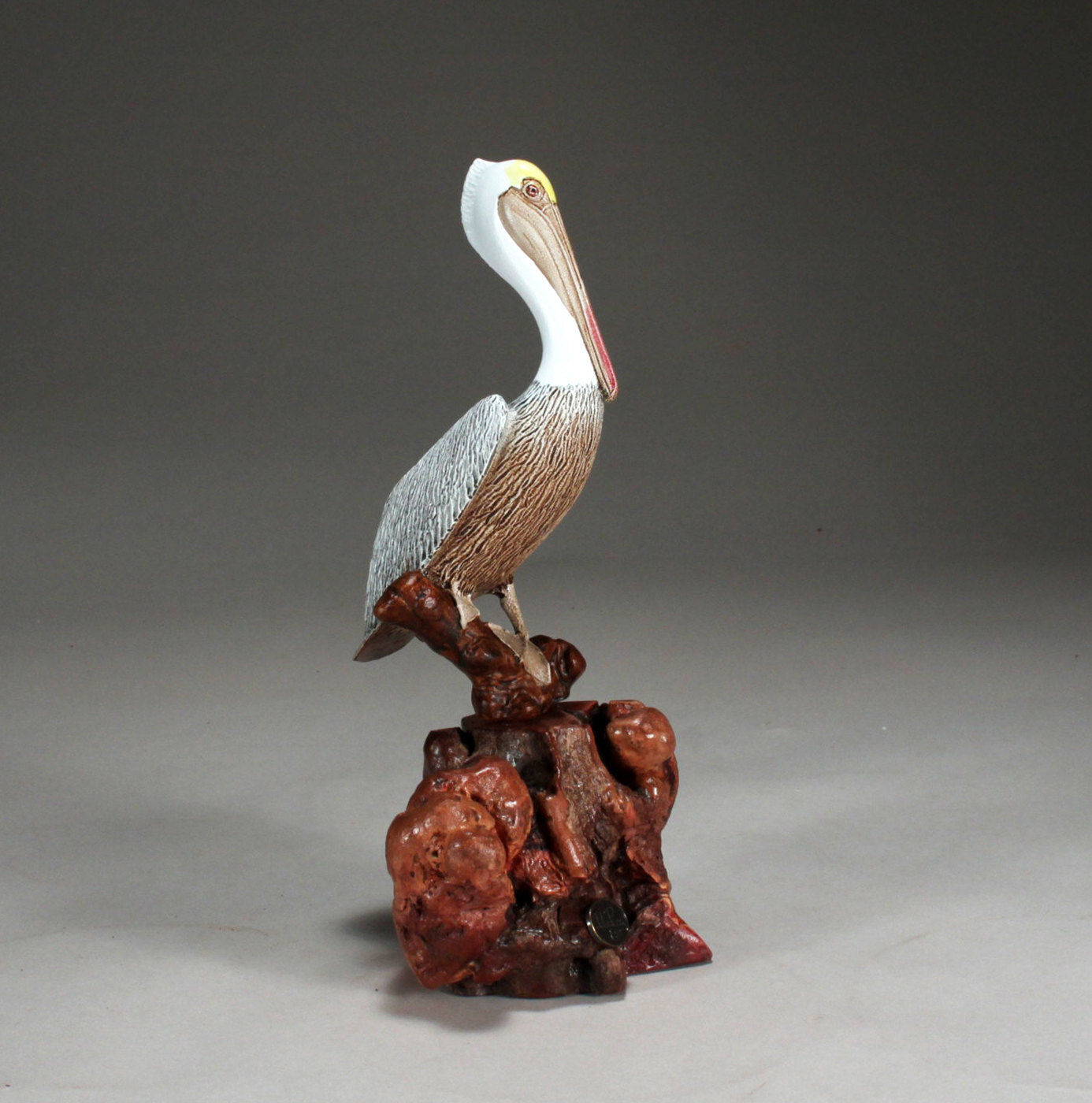 White Pelican Sculpture Perching from John Perry on Burlwood 7in Tall Statue 