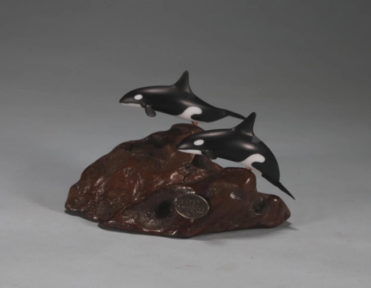 Orca Killer Whale Duo Sculpture Hand Painted 4in Long on Burlwood