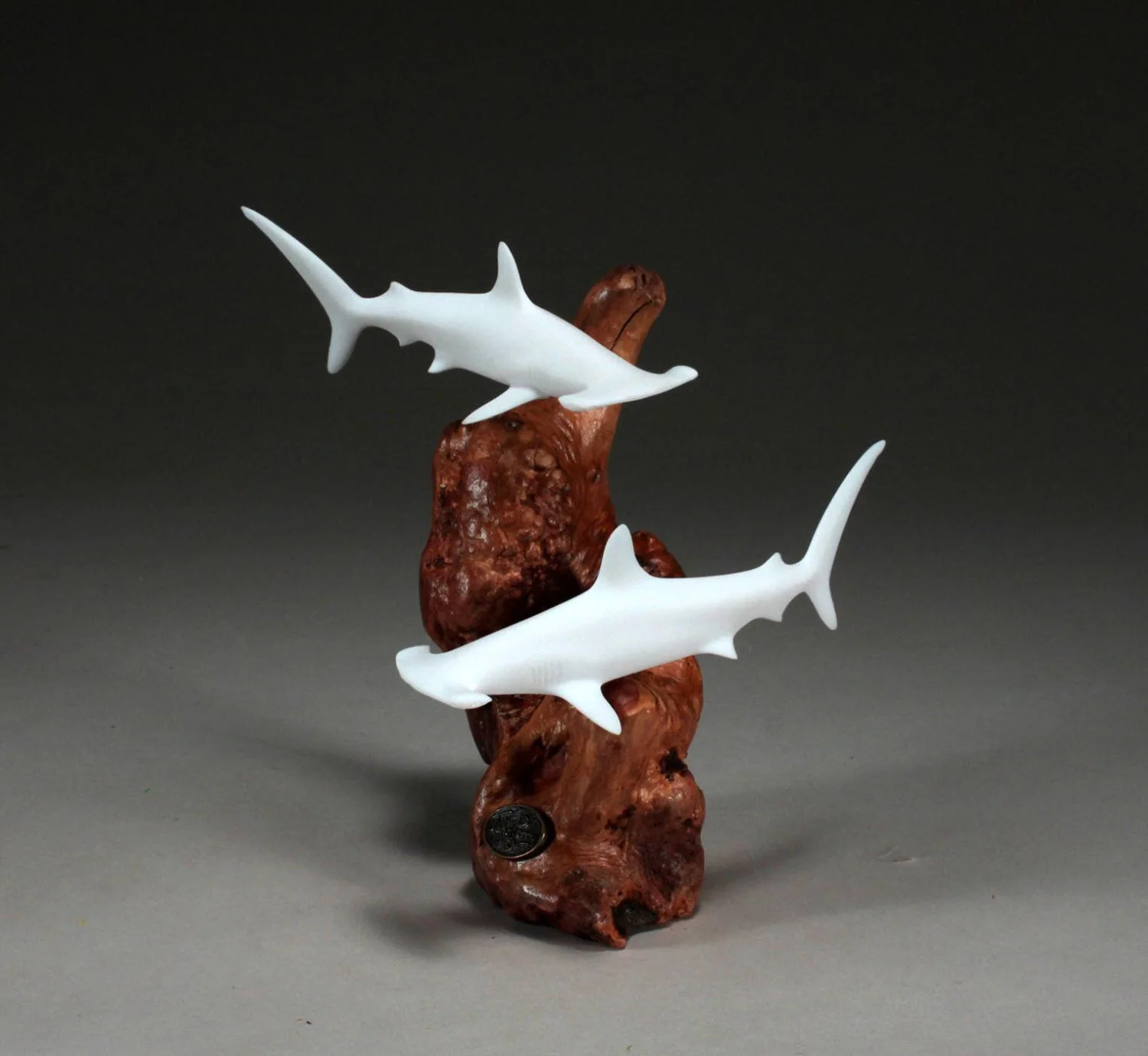 Hammerhead Shark Duo Sculpture Pellucida 7in Tall on Burlwood