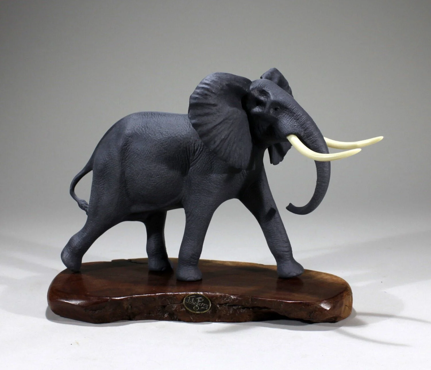 Elephant Sculpture Airbrushed 11in Long on Burlwood — JOHN PERRY