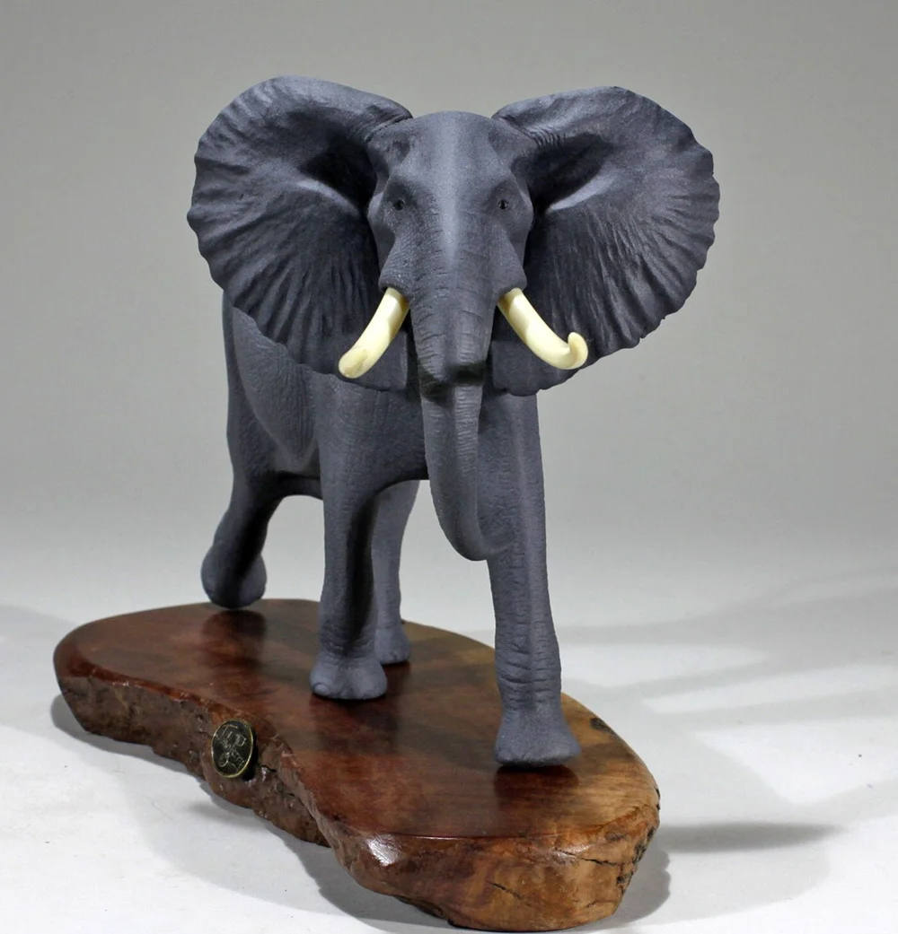 Elephant Sculpture Airbrushed 11in Long on Burlwood — JOHN PERRY