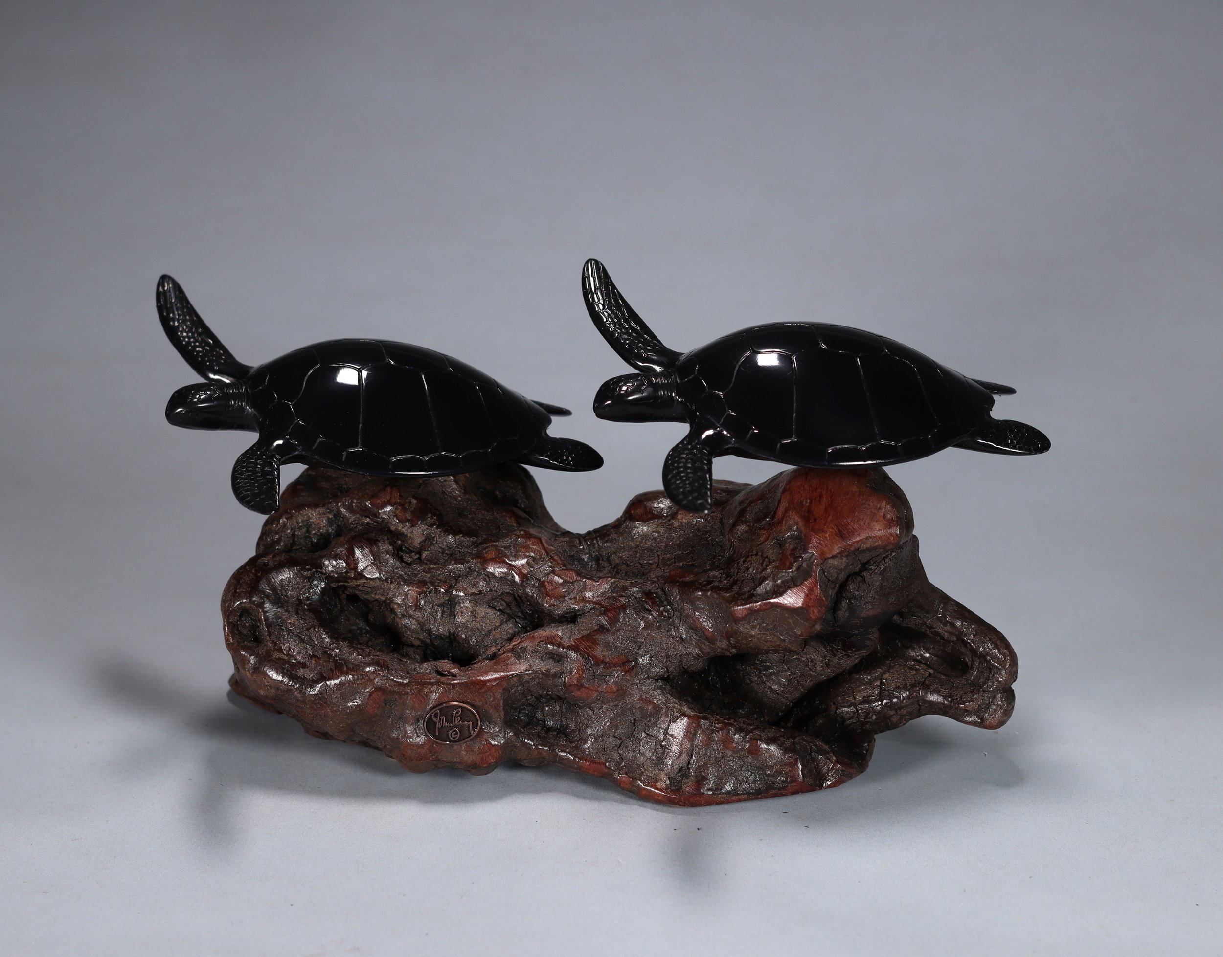 Turtle Duo Sculpture 10in Long Ebonite on Burlwood