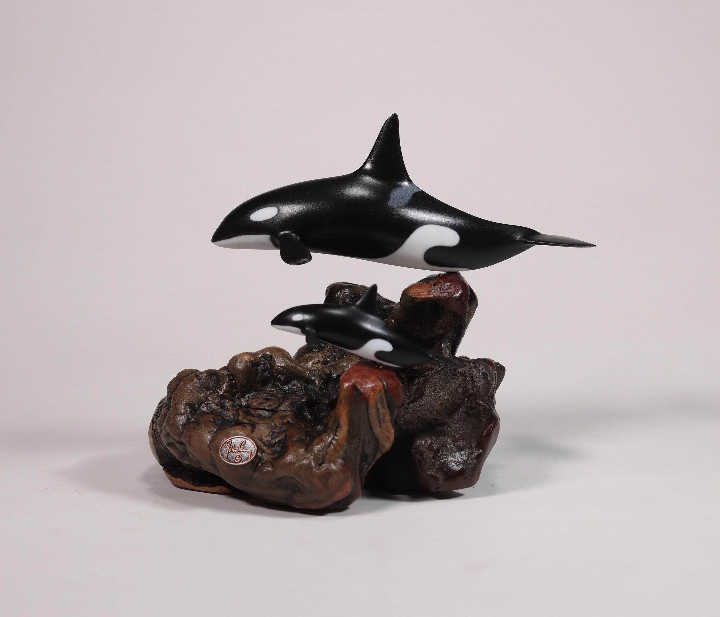 Killer Whale Orca And Calf Sculpture Hand Painted 6in Long Tail up version on Burl base
