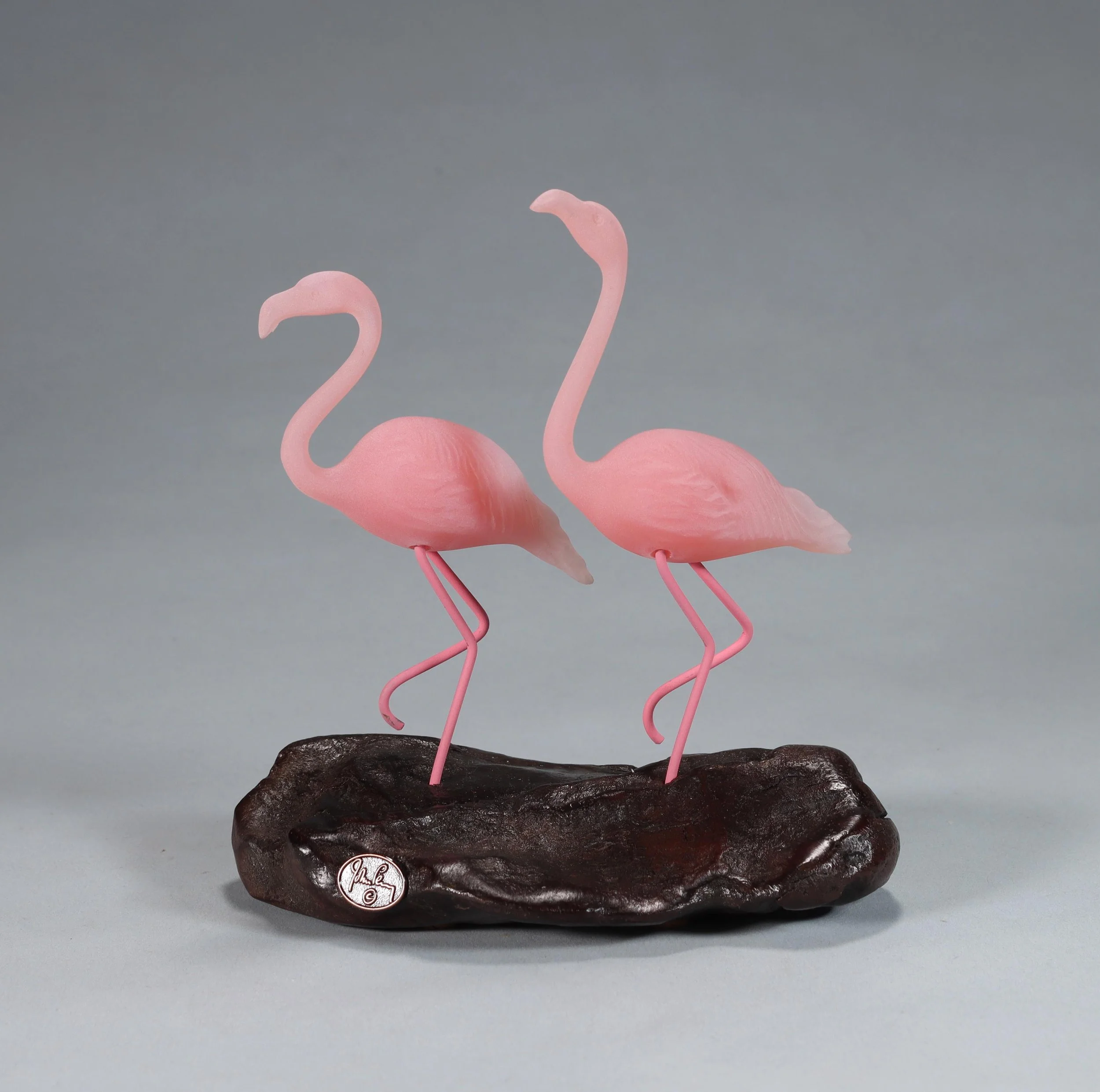 Flamingo Duo (Trotting) Sculpture 7in Tall on Burlwood