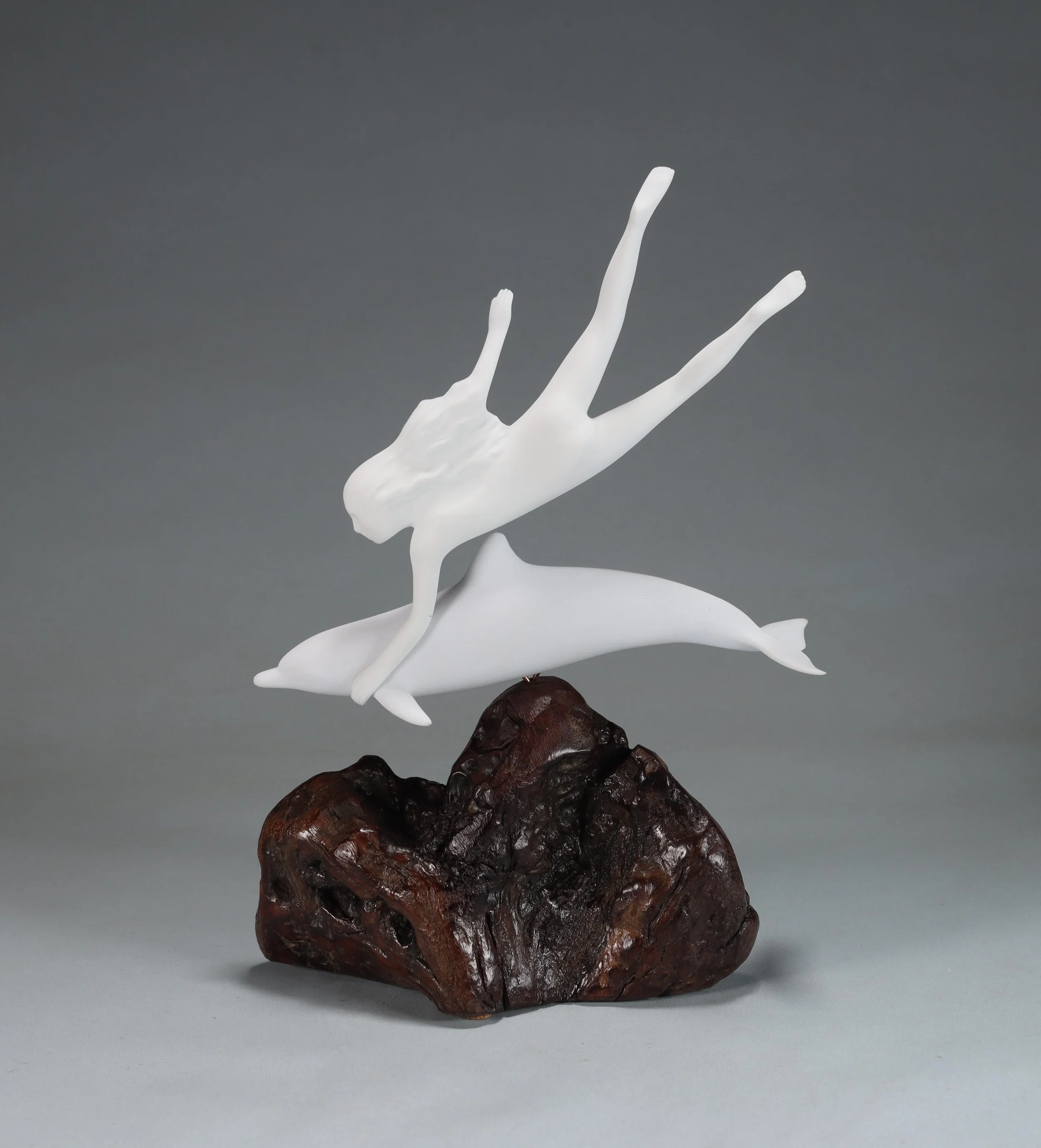 Dolphin With Lady Diver Sculpture Pellucida 11in Tall on Burlwood