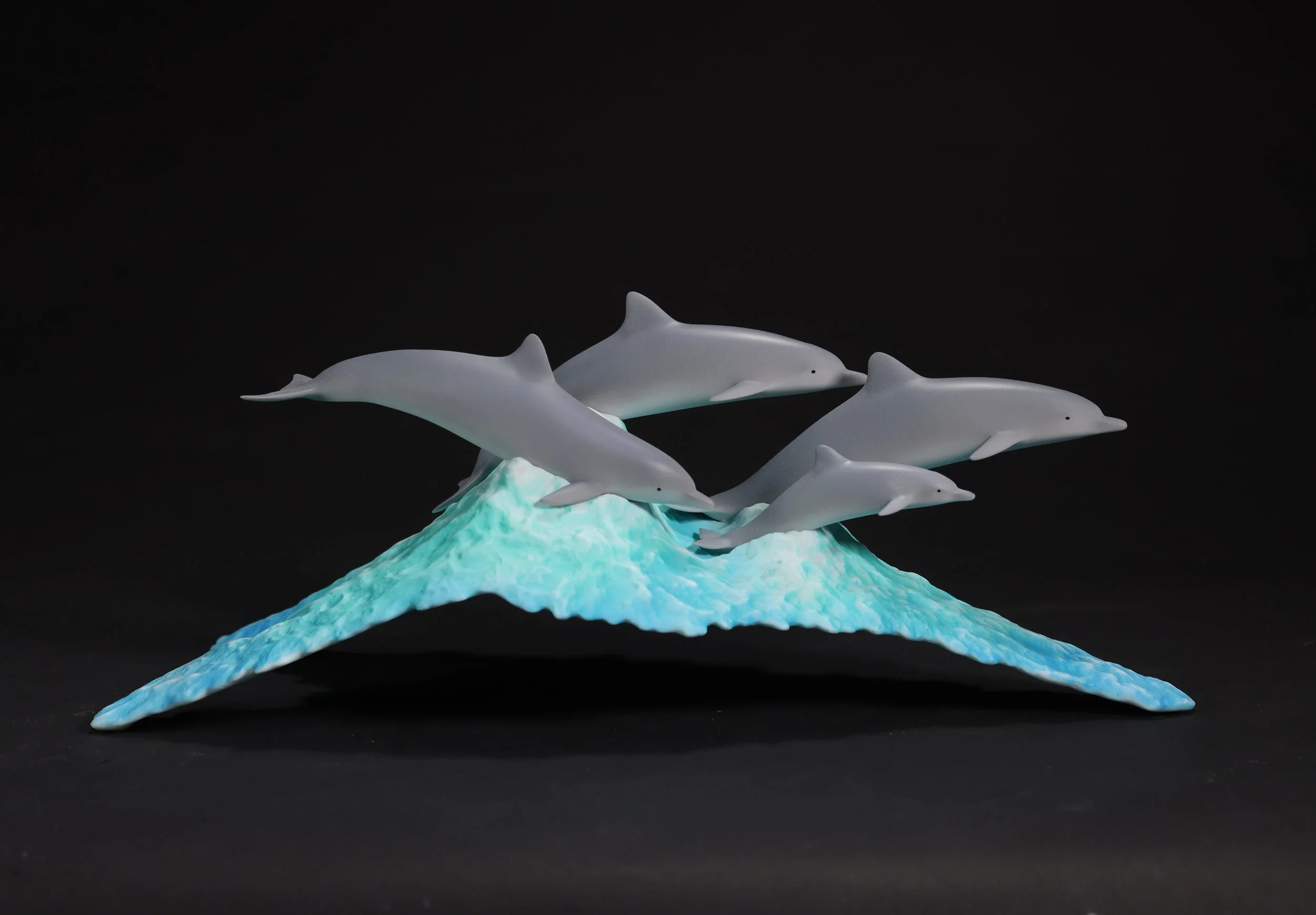 Dolphin Pod Sculpture (3 Adults and 1 Calf) Airbrushed 14in Long on Blue Wave