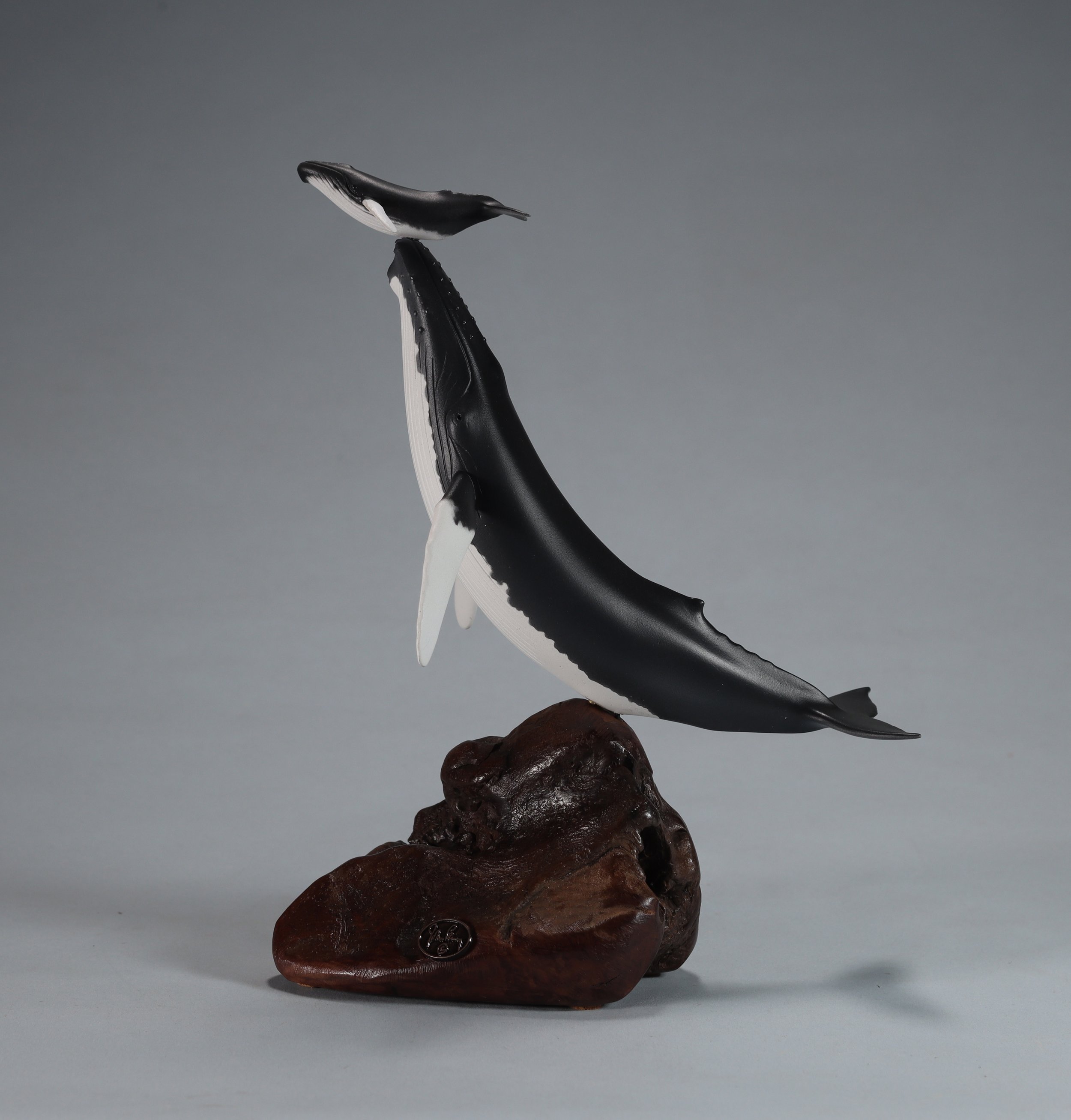 Humpback Whale & Calf Sculpture from John Perry  11in Tall on Polished Burlwood Base. Signed.