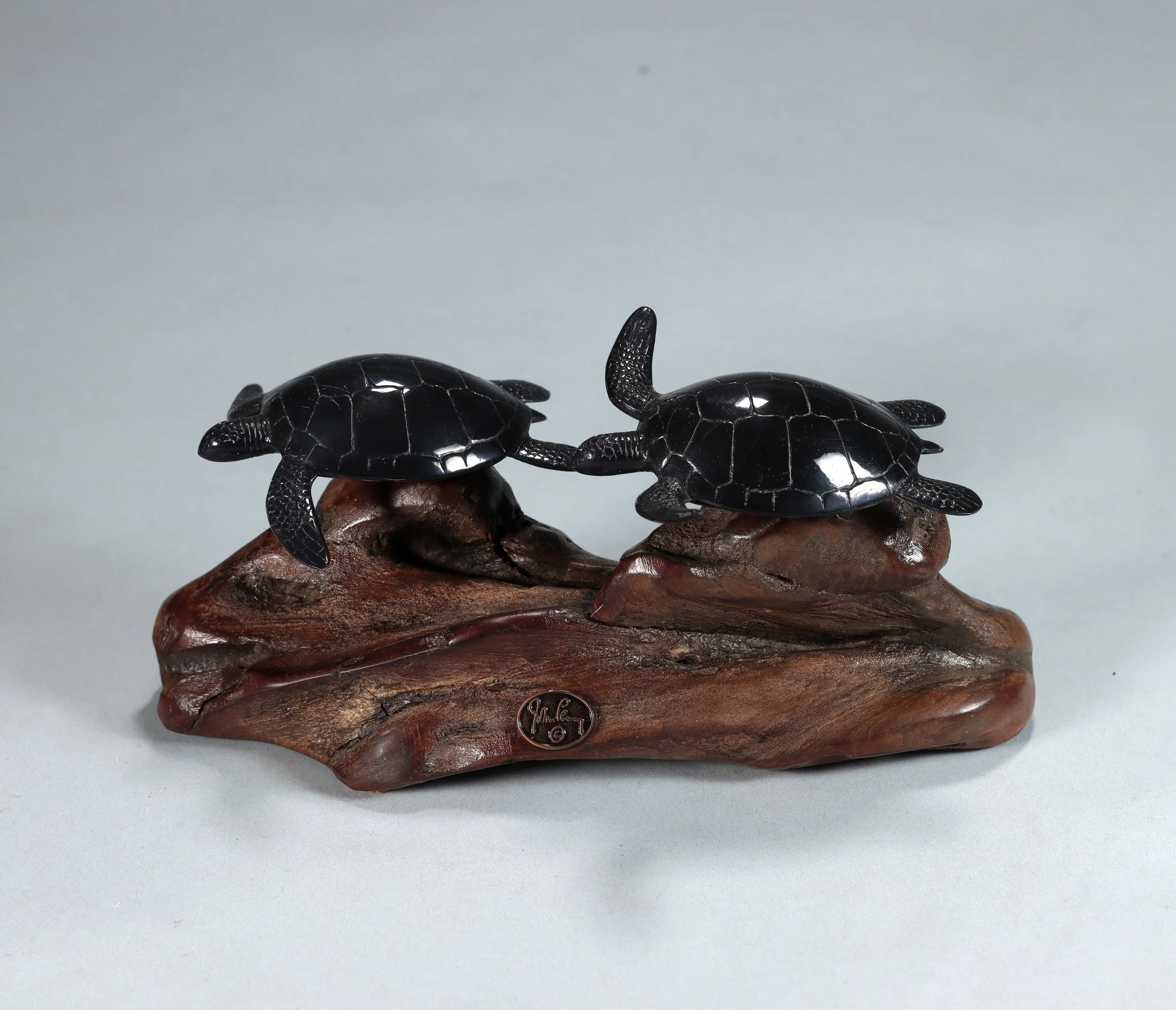 Turtle Duo Sculpture Ebonite 7in Long on Burlwood