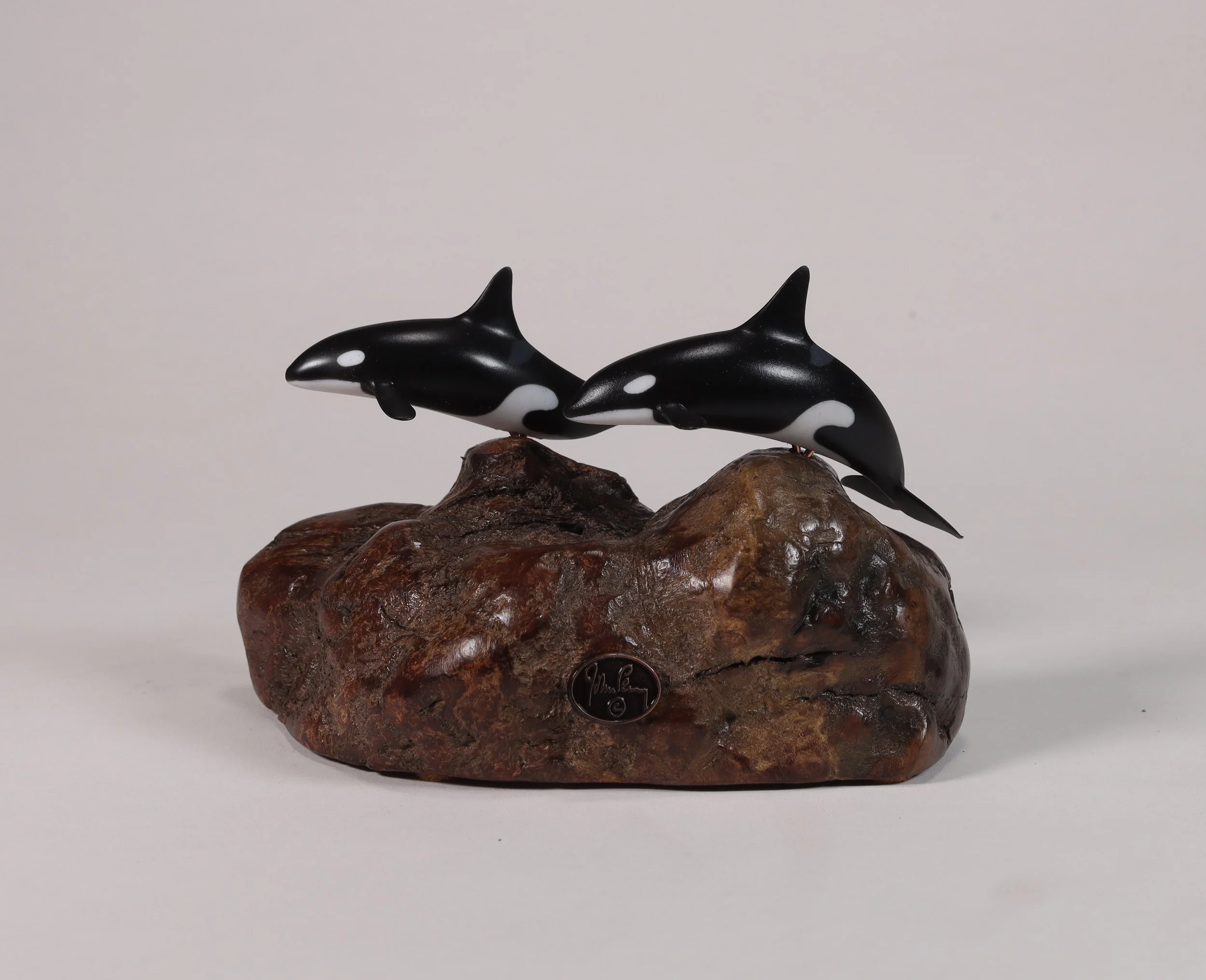 Orca Killer Whale Duo Sculpture Hand Painted 4in Long on Burlwood