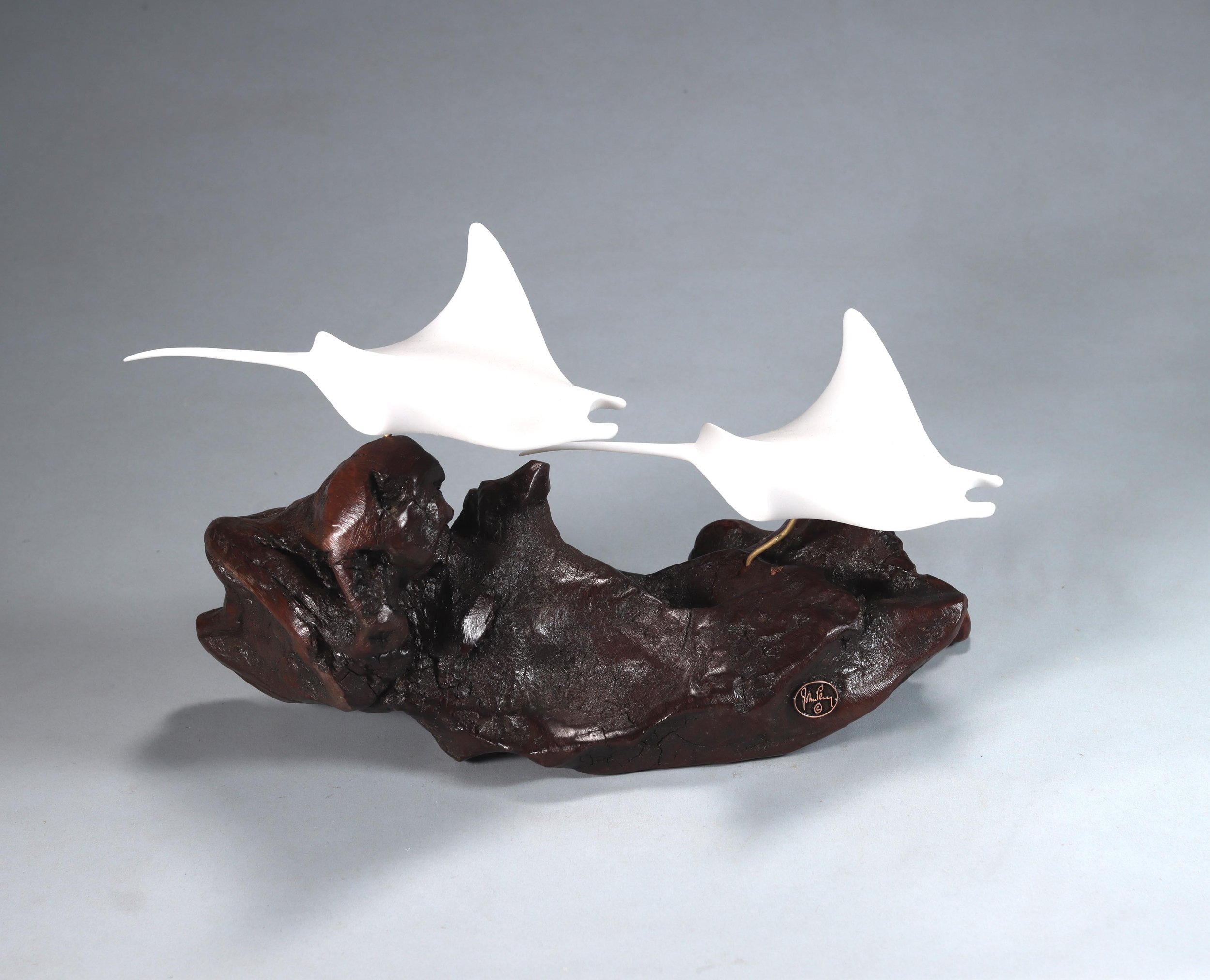 Manta Ray Duo by John Perry Airbrushed 11in Long sculpture on burlwood base