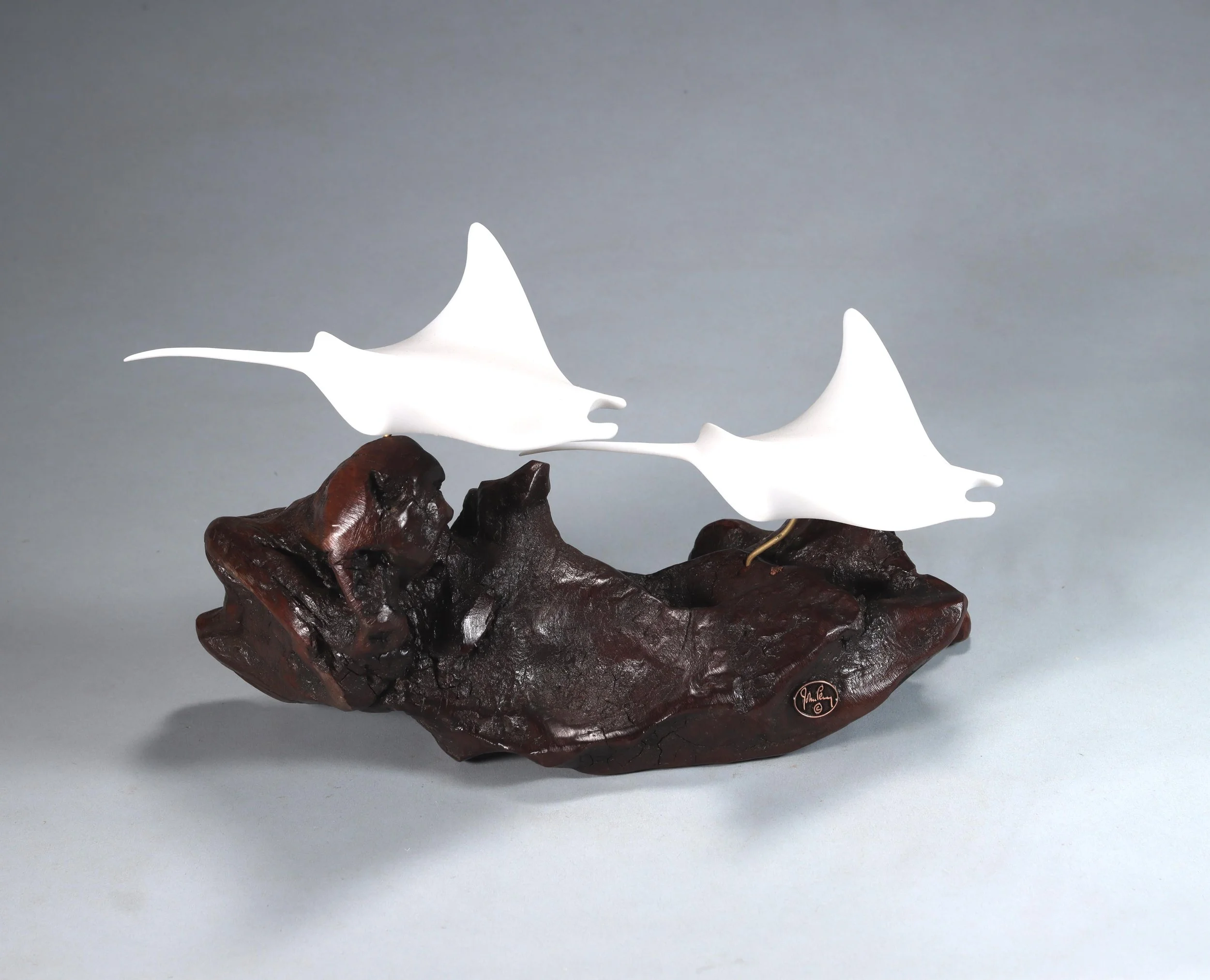 Manta Ray Duo Sculpture 11in Long Pellucida on Burlwood
