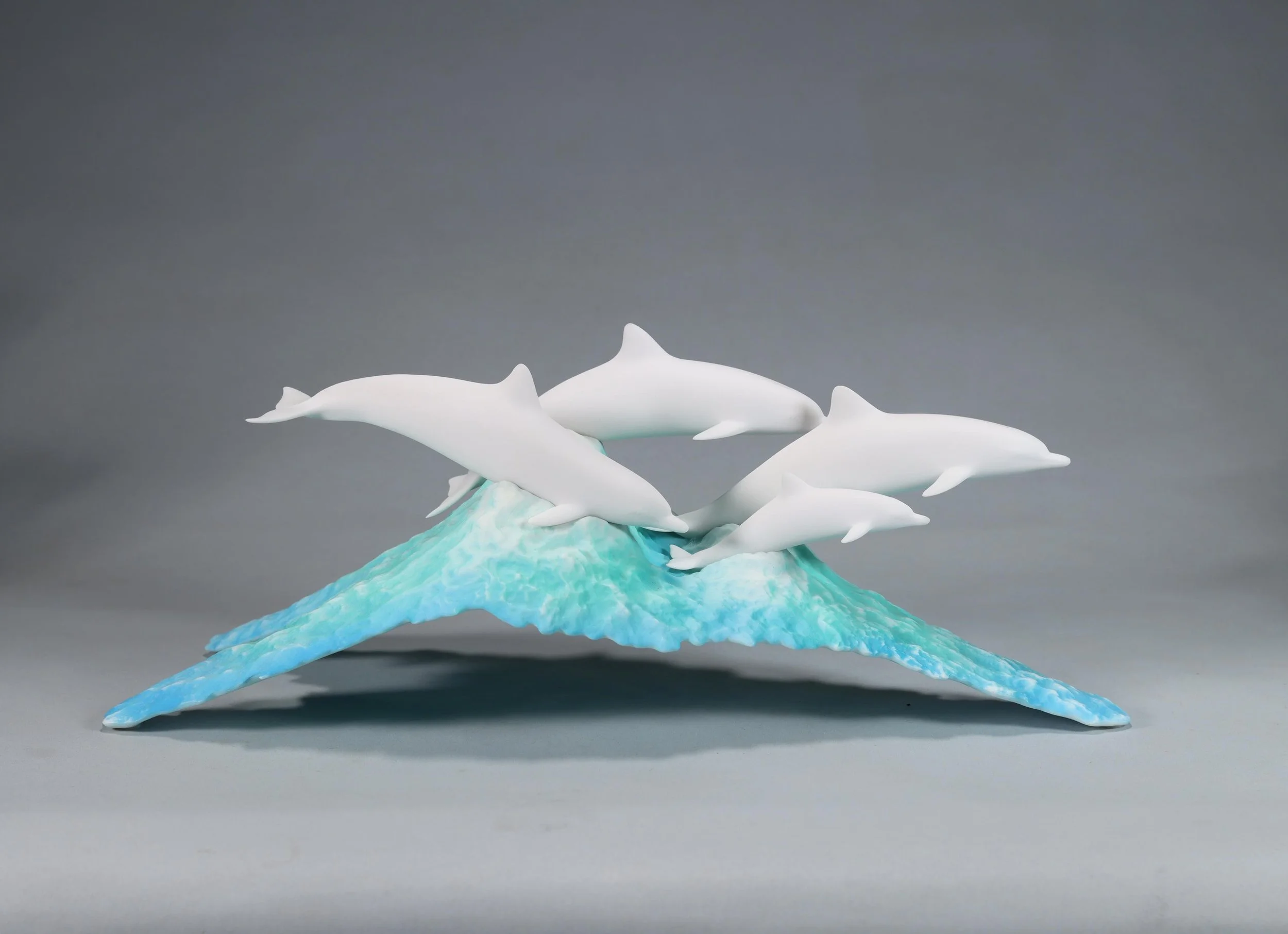 Dolphin Pod Sculpture (3 Adults and 1 Calf) Pellucida 11in Long on Blue Wave