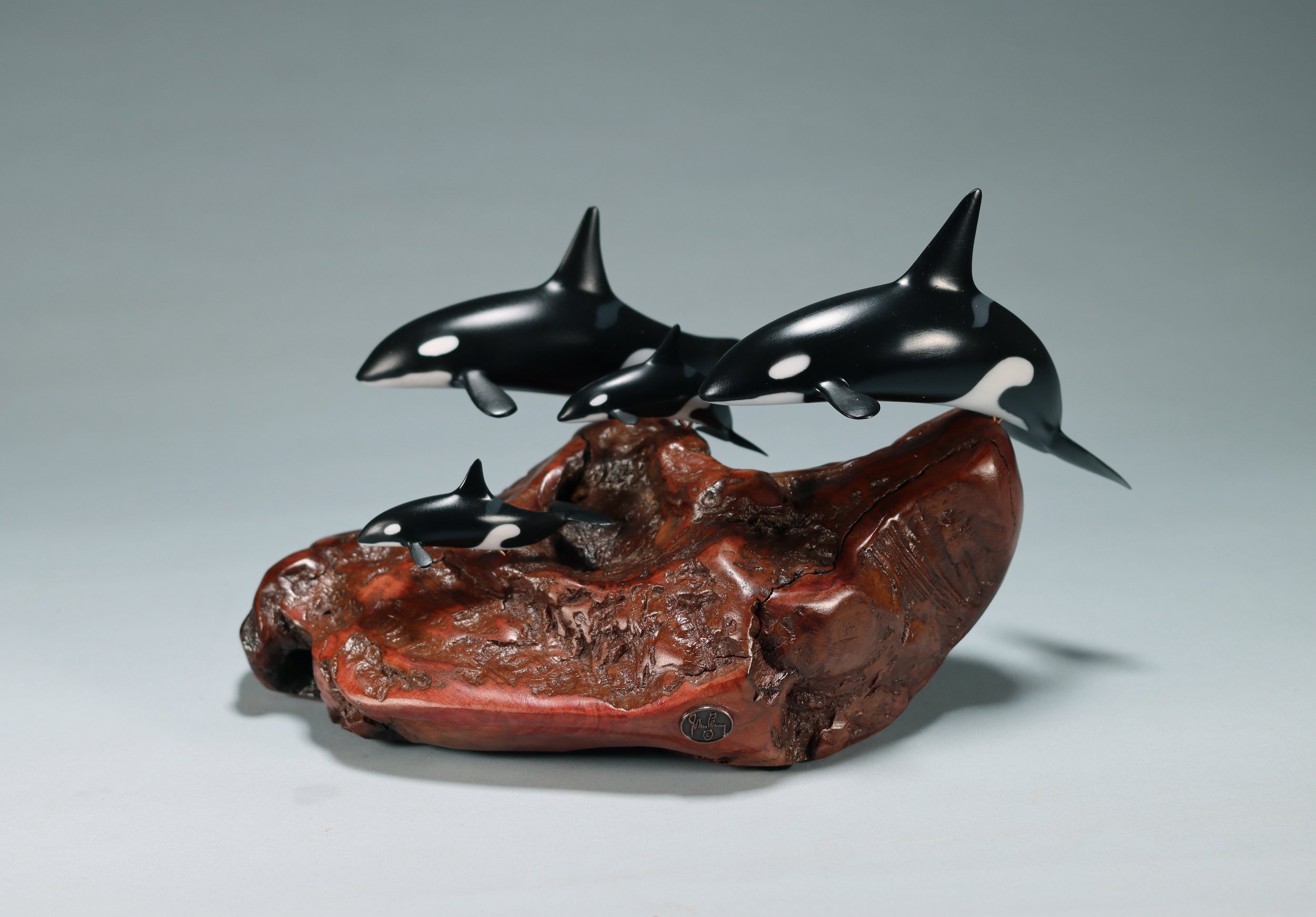 Orca Killer Whale Sculpture (2 adults & 2 calves) Hand Painted 9in Long on Burlwood