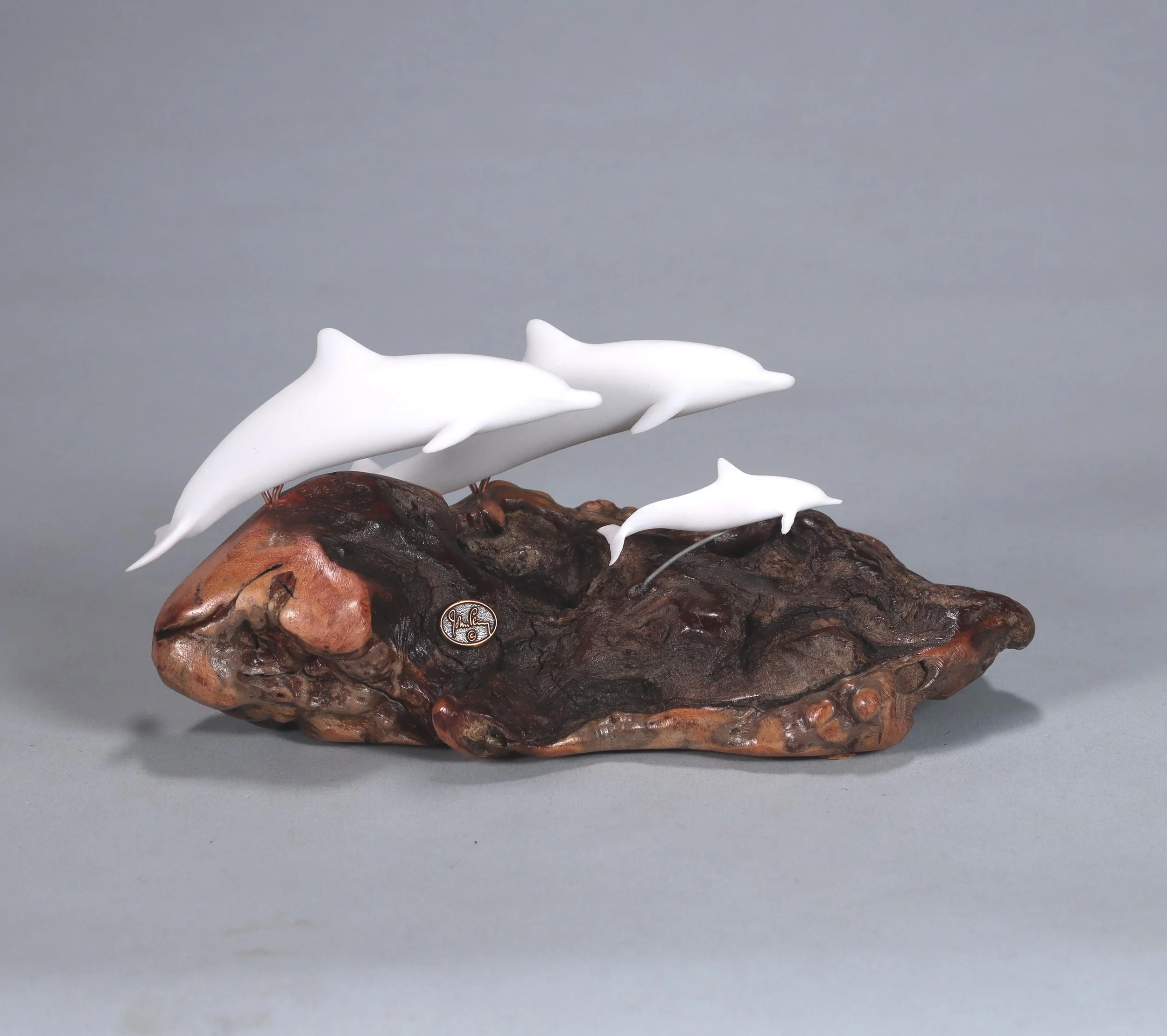 Dolphin Family Sculpture (2 Adults and 1 Calf) Pellucida 6in Long on Burlwood