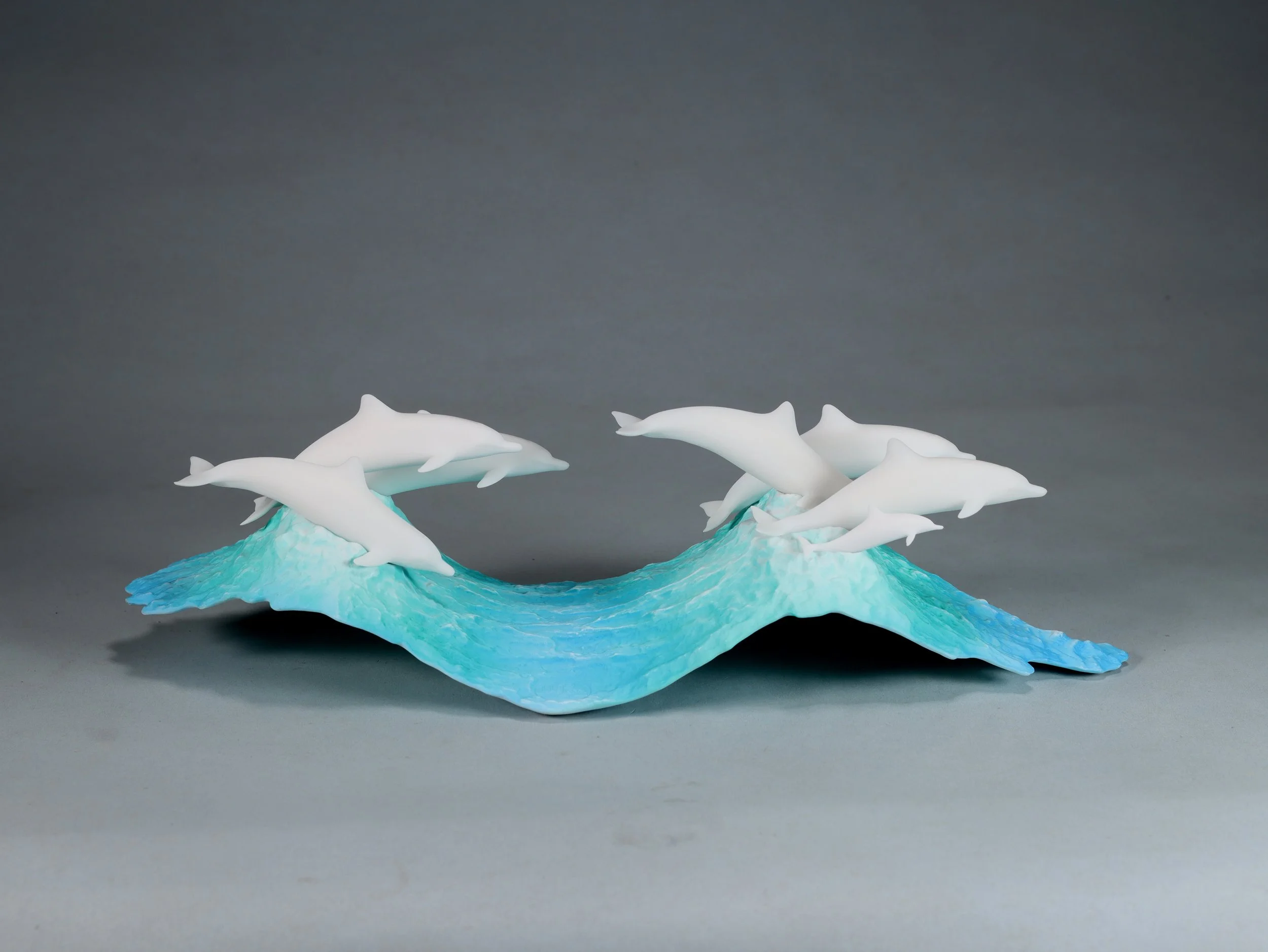 School of Dolphins Sculpture (6 Adults and 1 Calf) 15in Long Pellucida on Blue Wave