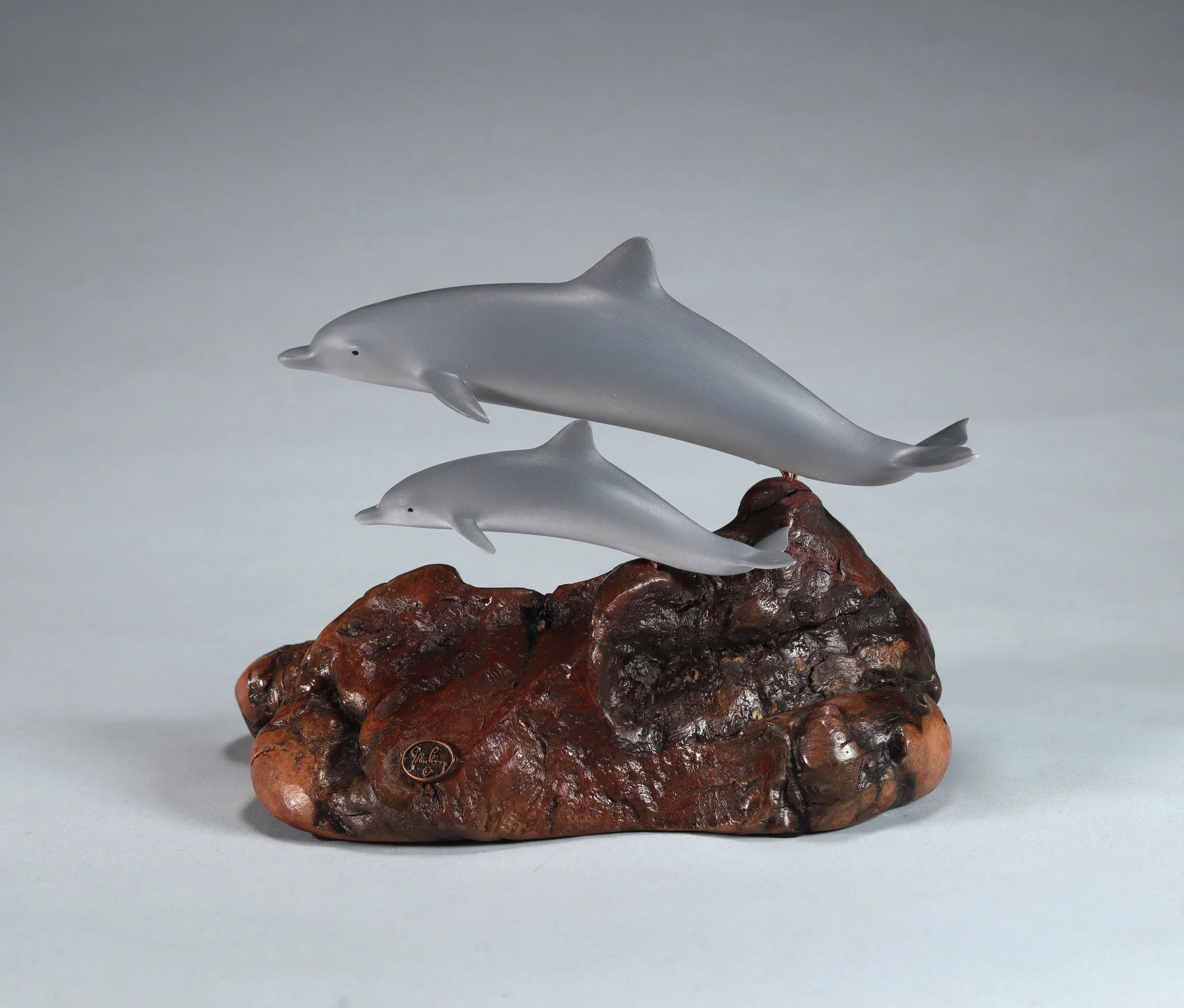 Dolphin With Calf Sculpture 7in Long Airbrushed on Burlwood