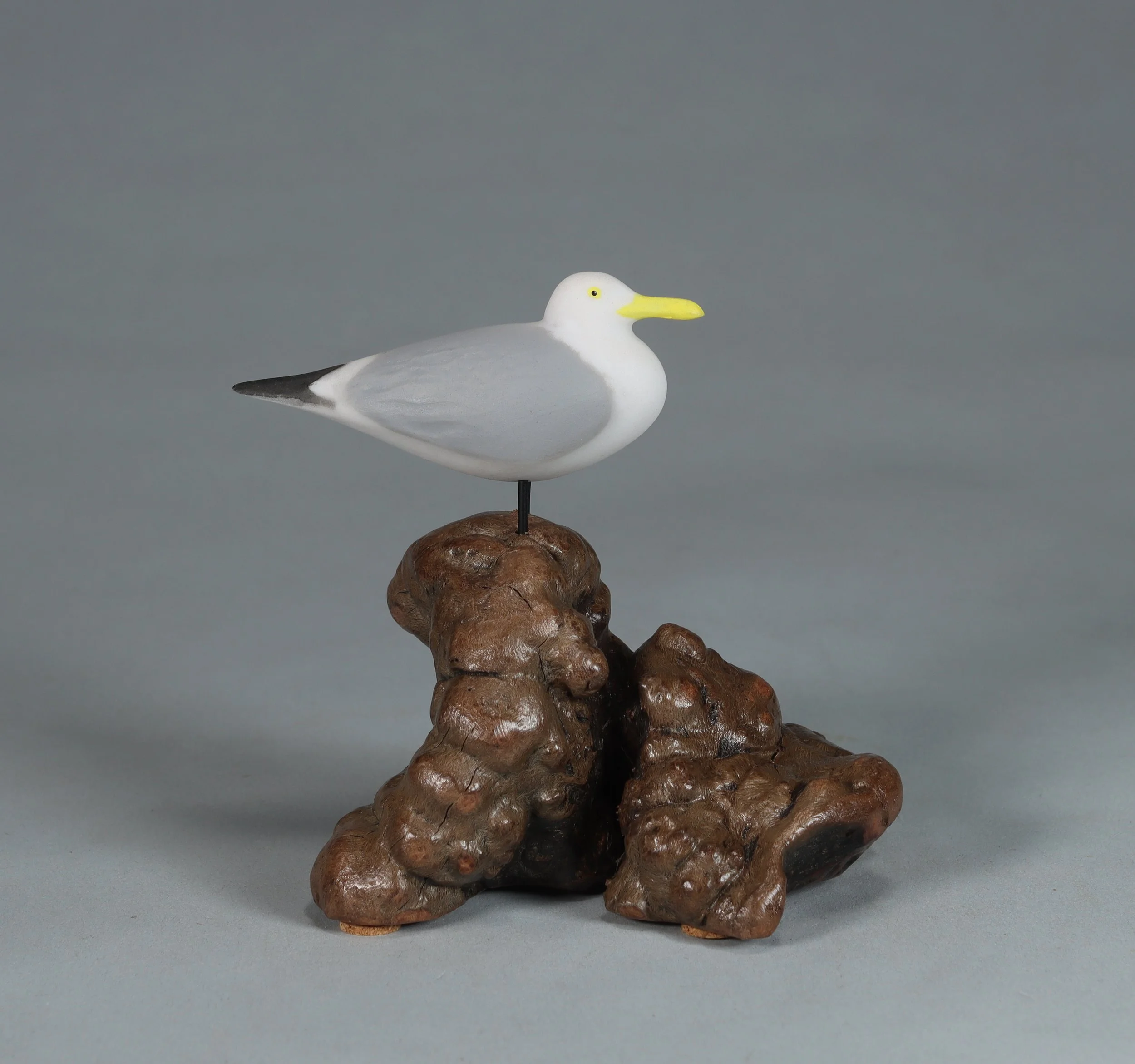 Perched Seagull Sculpture Hand Painted 3in Long on Burlwood