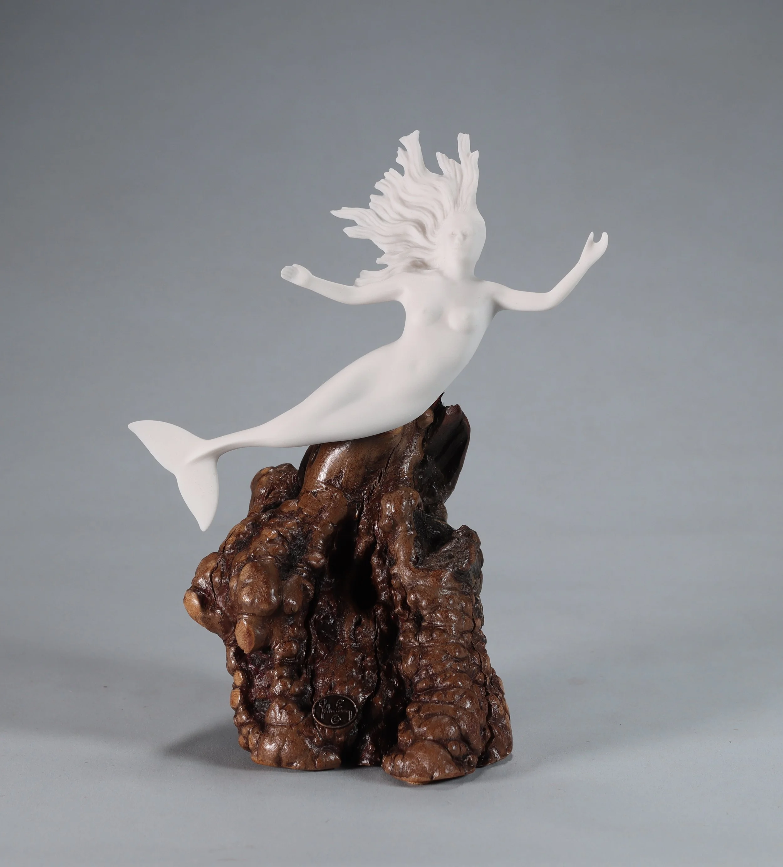 Mermaid by John Perry 9 inch tall Pellucida sculpture on burlwood base