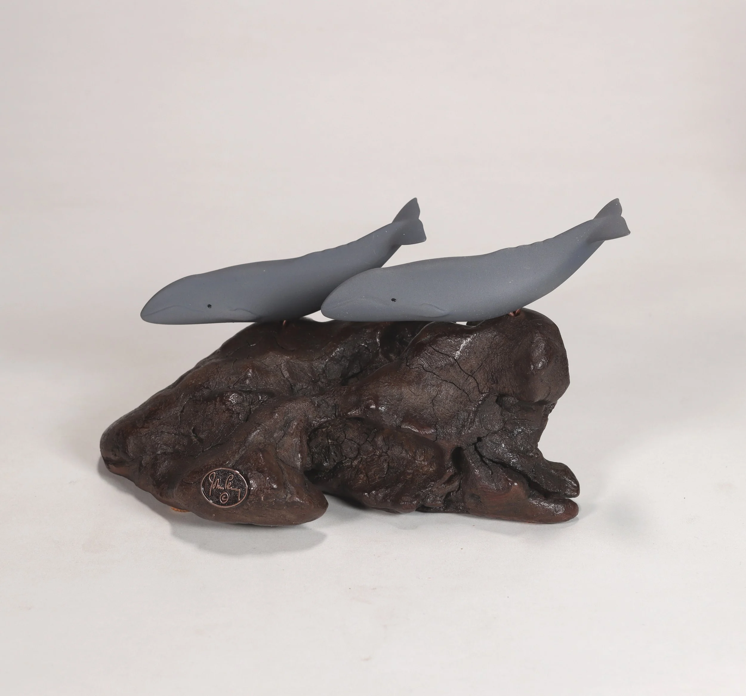 Gray Whale Duo Sculpture Hand Painted 4in Long on Burlwood
