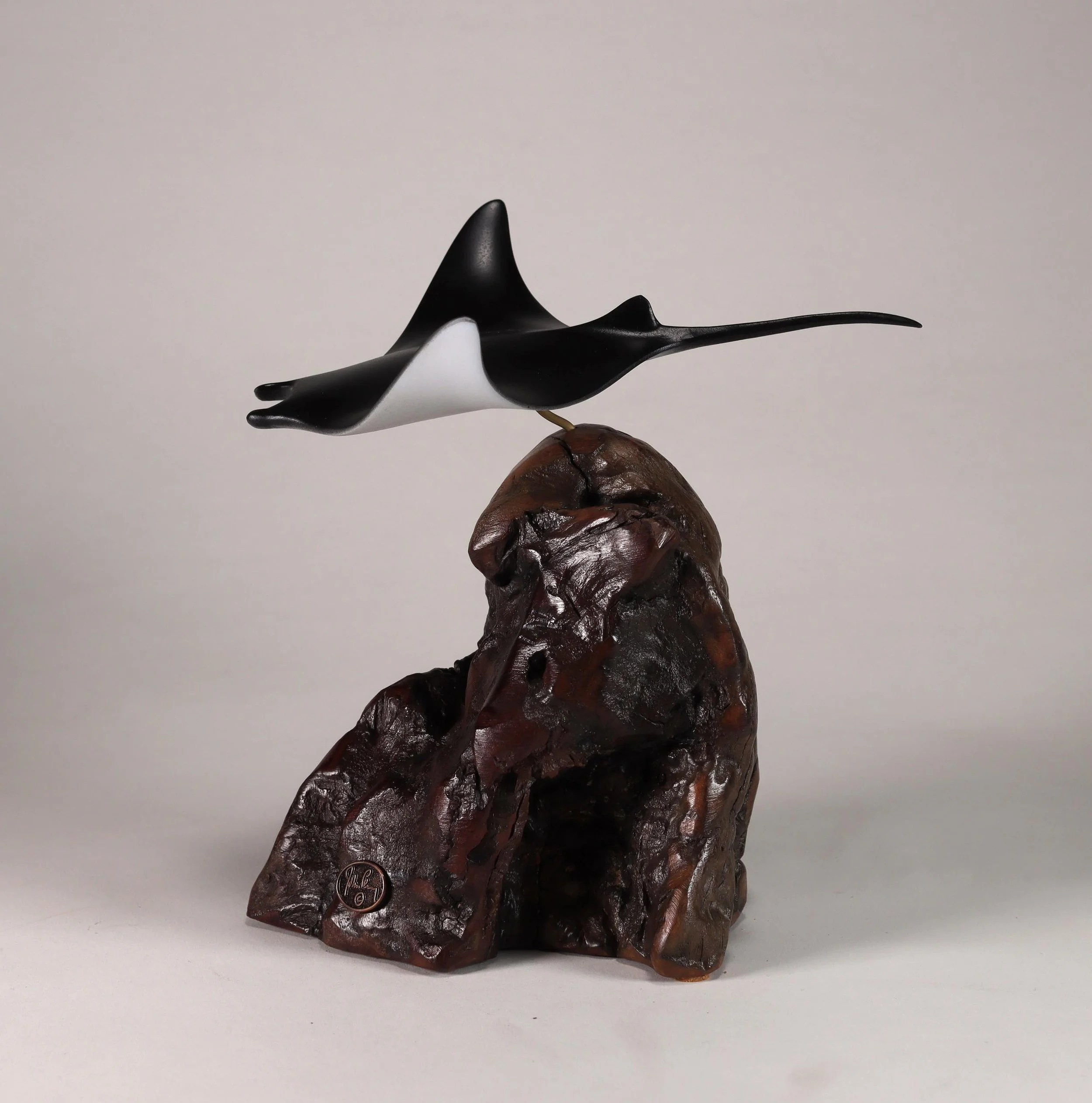Manta Ray Sculpture Pellucida 7in Tall on Burlwood Upwing version. Signed.