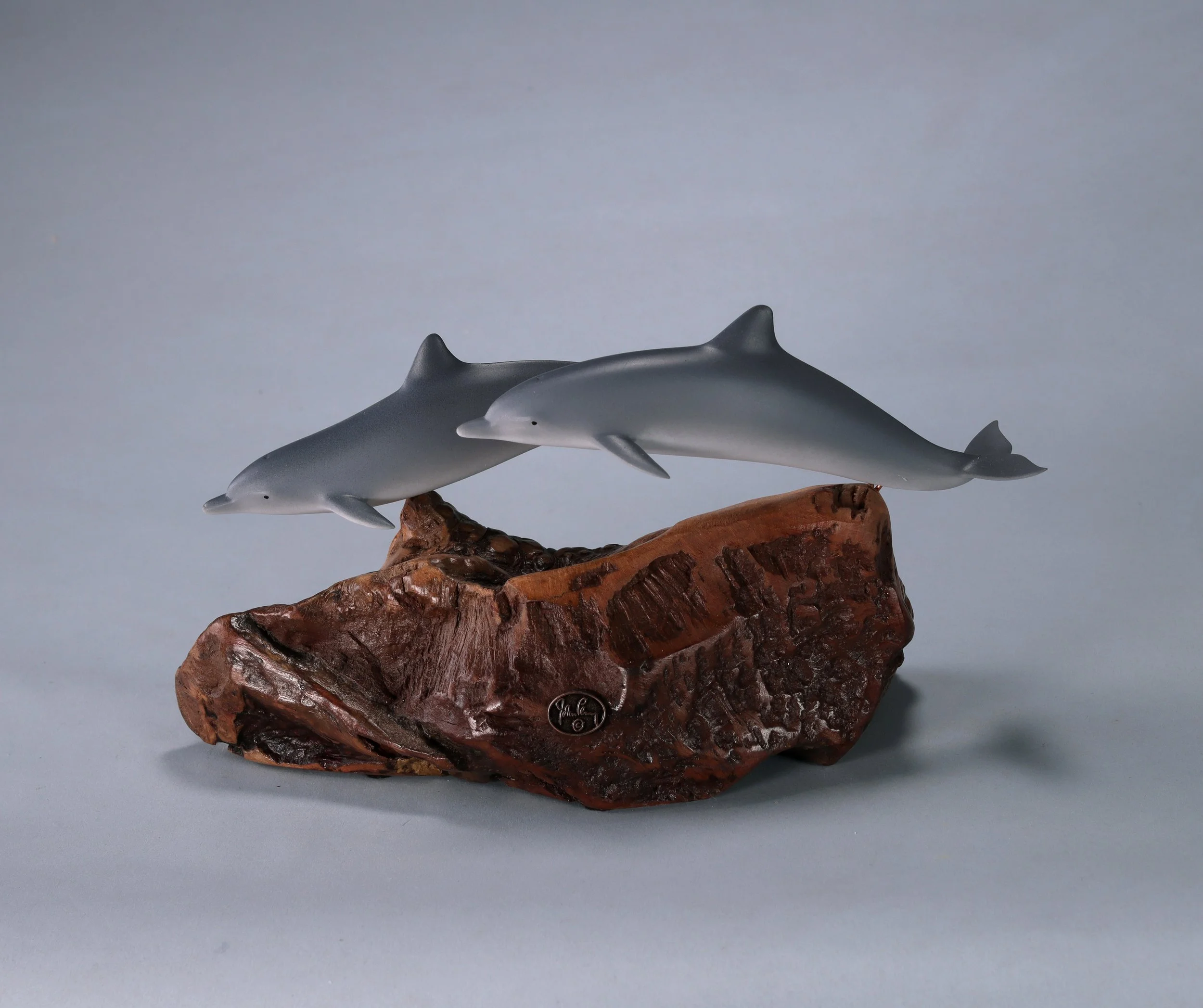 Dolphin Duo Sculpture 9in Long Airbrushed on Burlwood