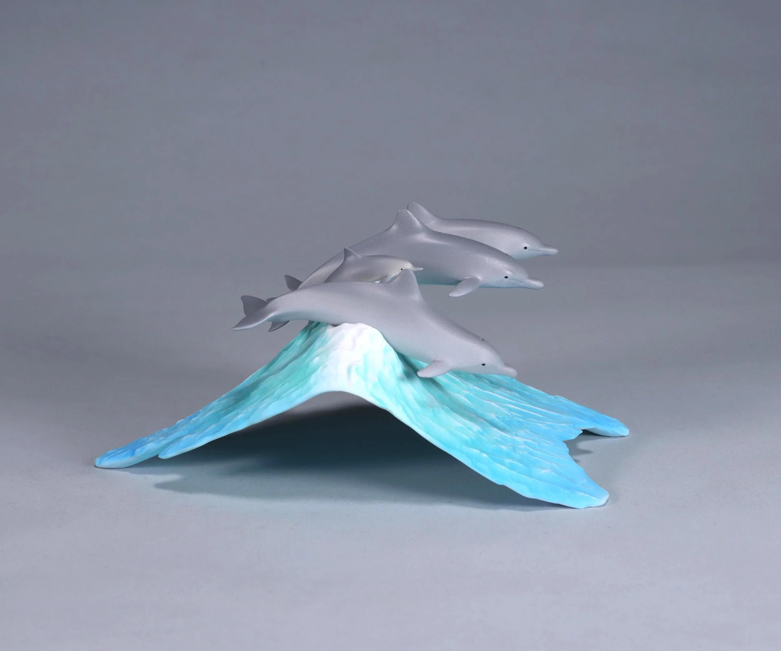 Pod of Dolphins Sculpture 8in Long Airbrushed on Blue Wave. Signed.