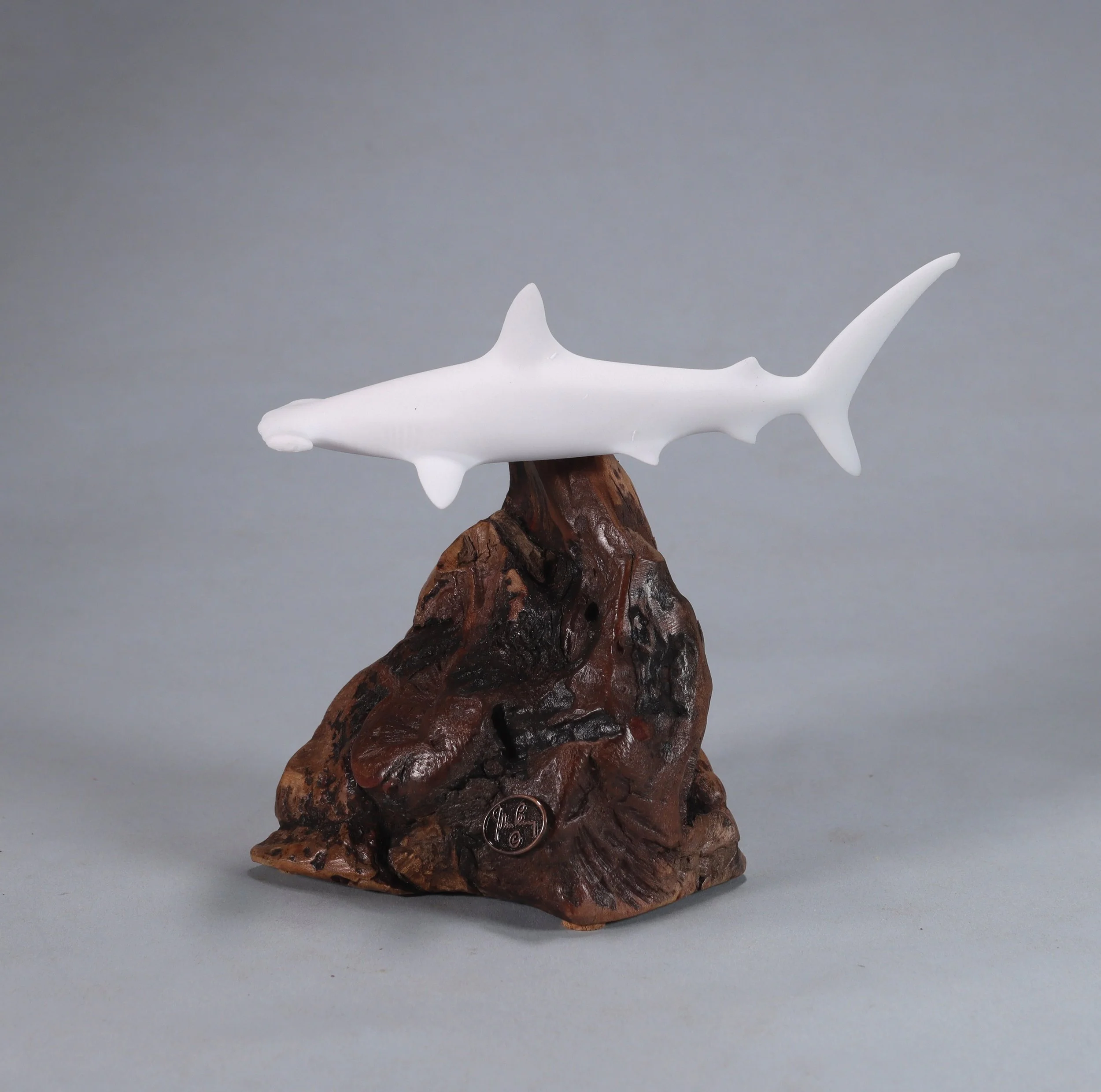 Hammerhead Shark Sculpture 6in Long Pellucida on Burlwood