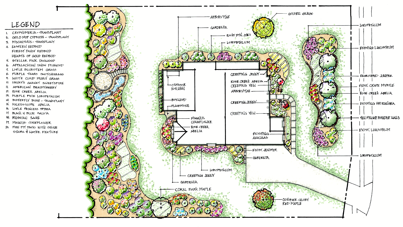 A colorful garden design plan with labeled plants, trees, and landscape features surrounding a central outdoor kitchen and house. The plan includes a legend of various plants and trees such as roses, maples, and hydrangeas, with details on pathways, 