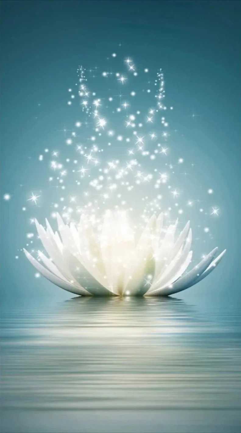 A glowing white lotus flower floating on water with sparkling light and star-like particles ascending upward, creating a magical and serene scene.