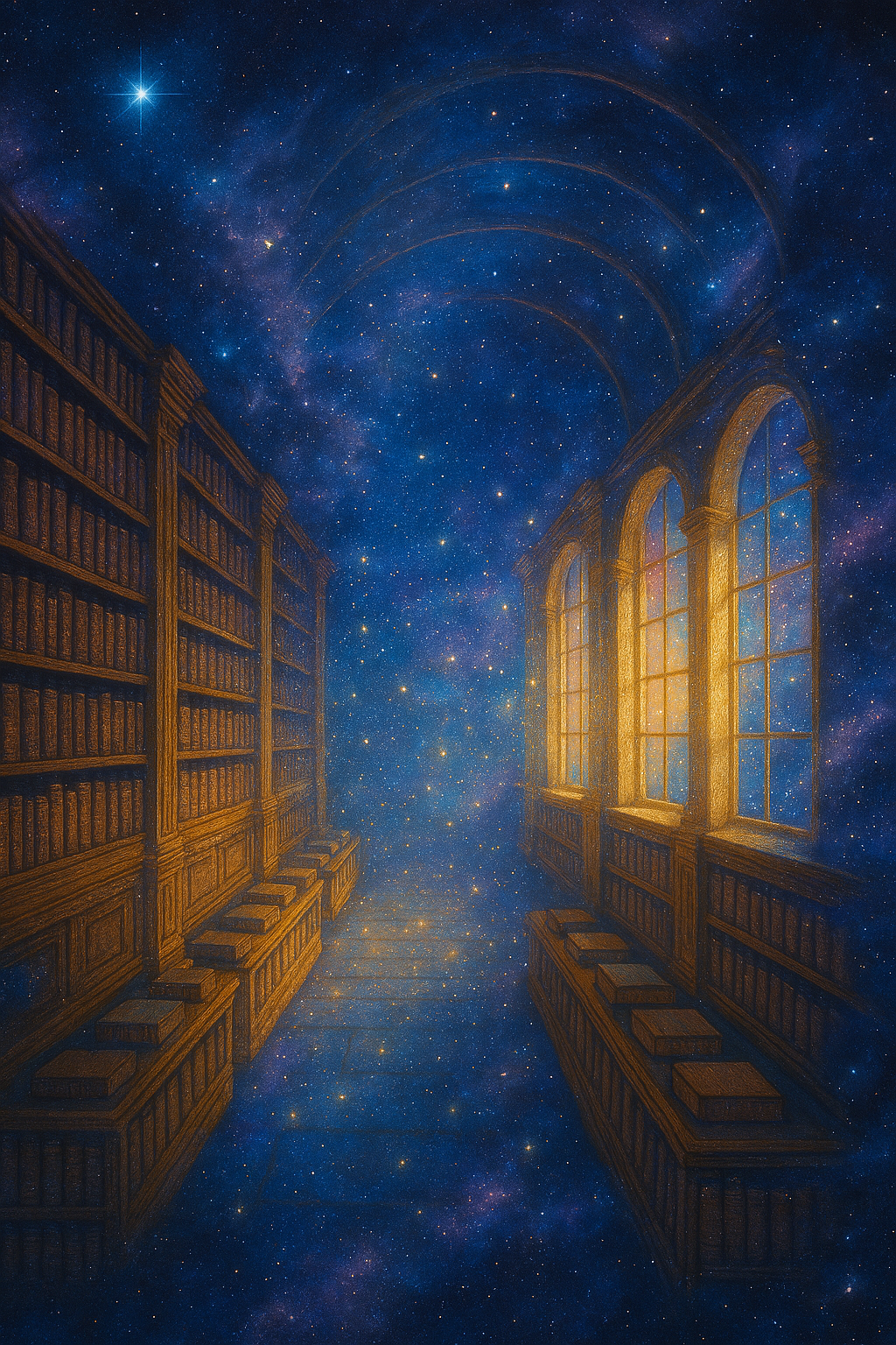 A surreal library with wooden shelves filled with books under a starry night sky, large arched windows emitting golden light, and a universe scene reflected on a polished floor.